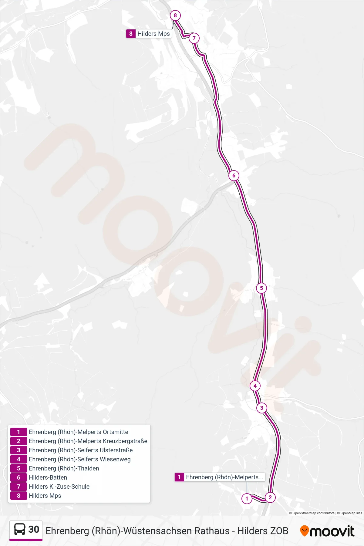 30 bus Line (Hilders Mps) route and stops on a map
