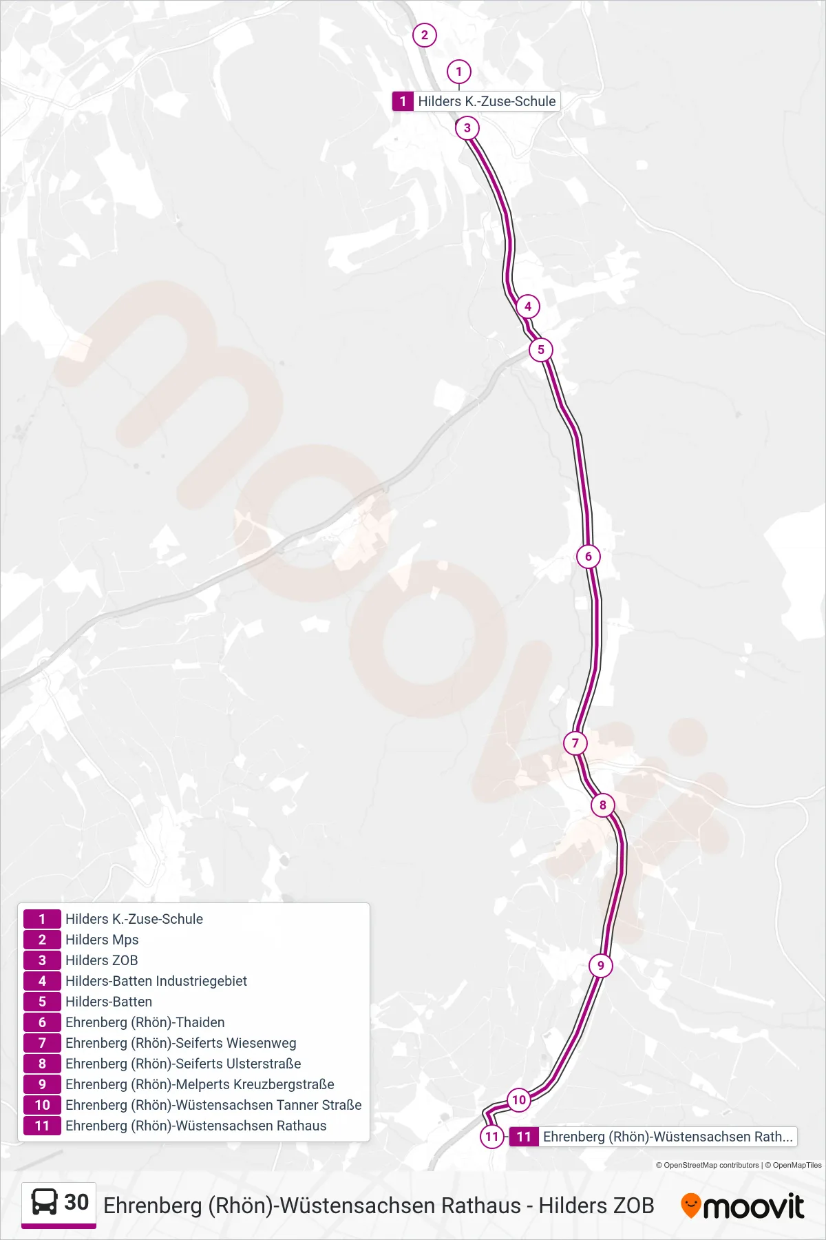 Linie 30 (Bus) Richtung Ehrenberg (Rhön)-Wüstensachsen Rathaus: Route und Haltestellen auf der Karte