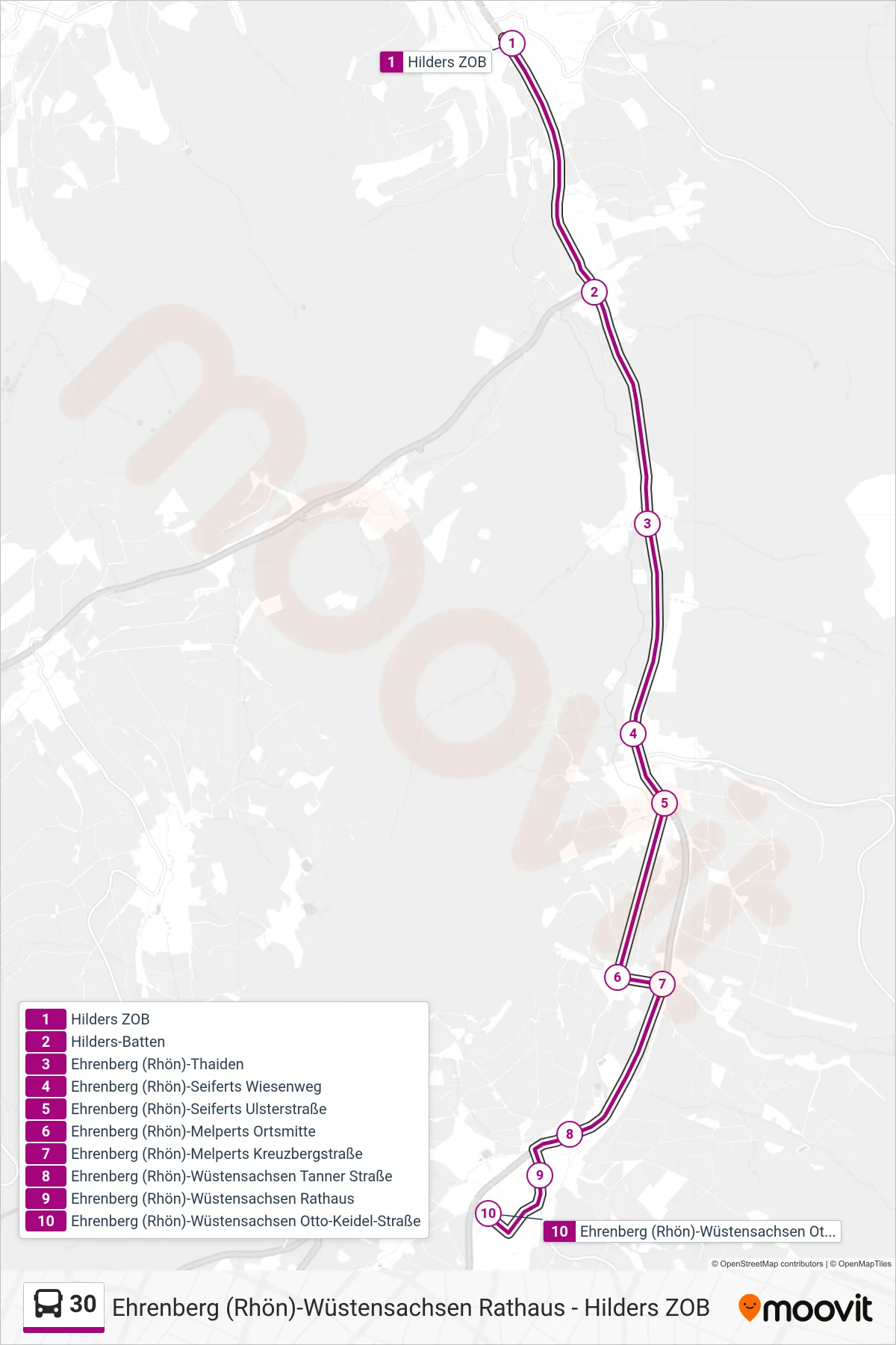 30 bus Line (Ehrenberg (Rhön)-Wüstensachsen Otto-Keidel-Straße) route and stops on a map