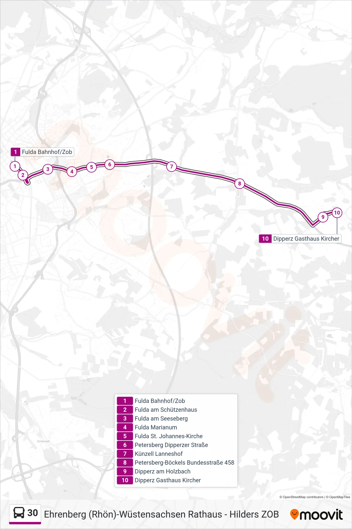 30 bus Line (Dipperz Gasthaus Kircher) route and stops on a map