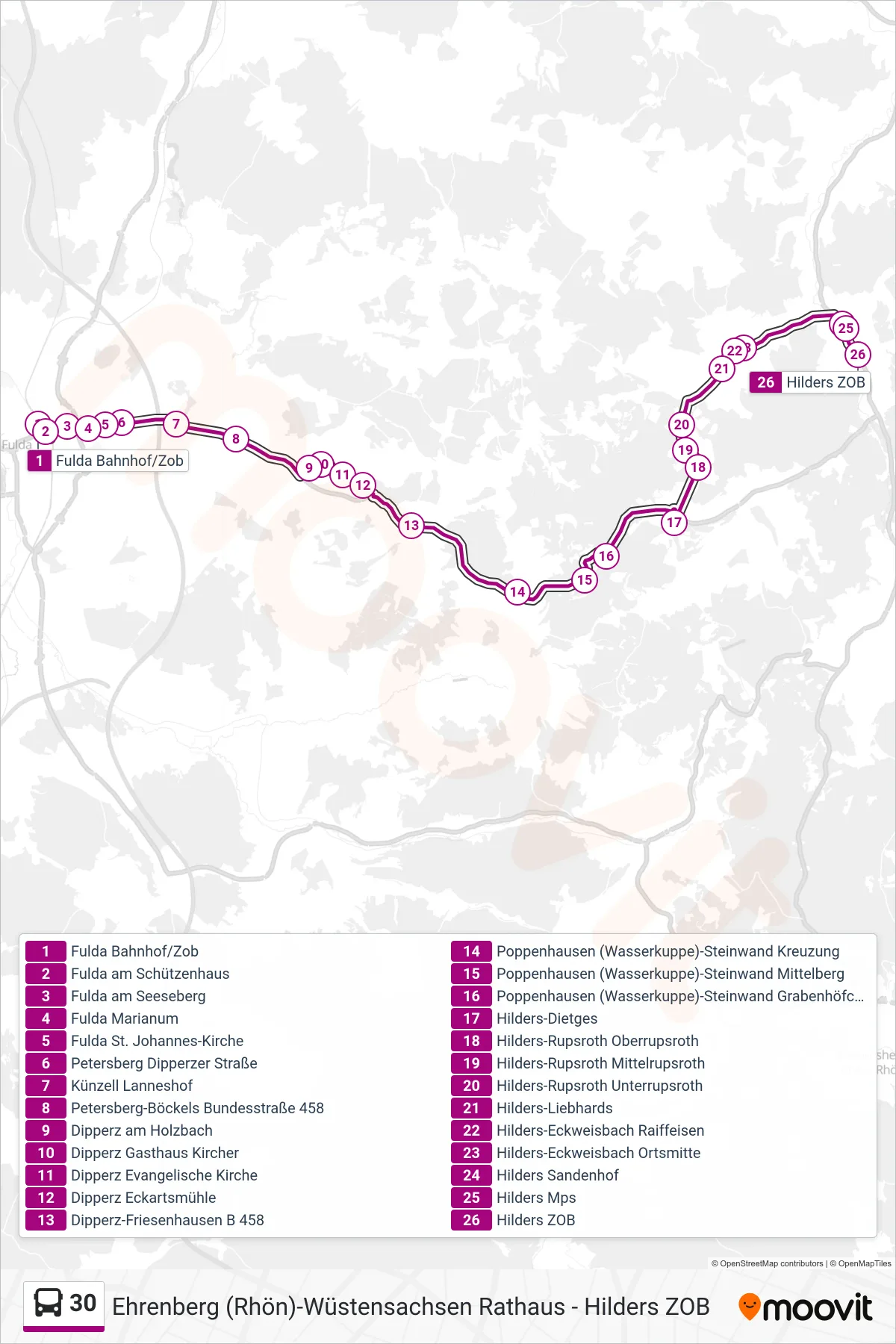 30 bus Line (Hilders ZOB) route and stops on a map