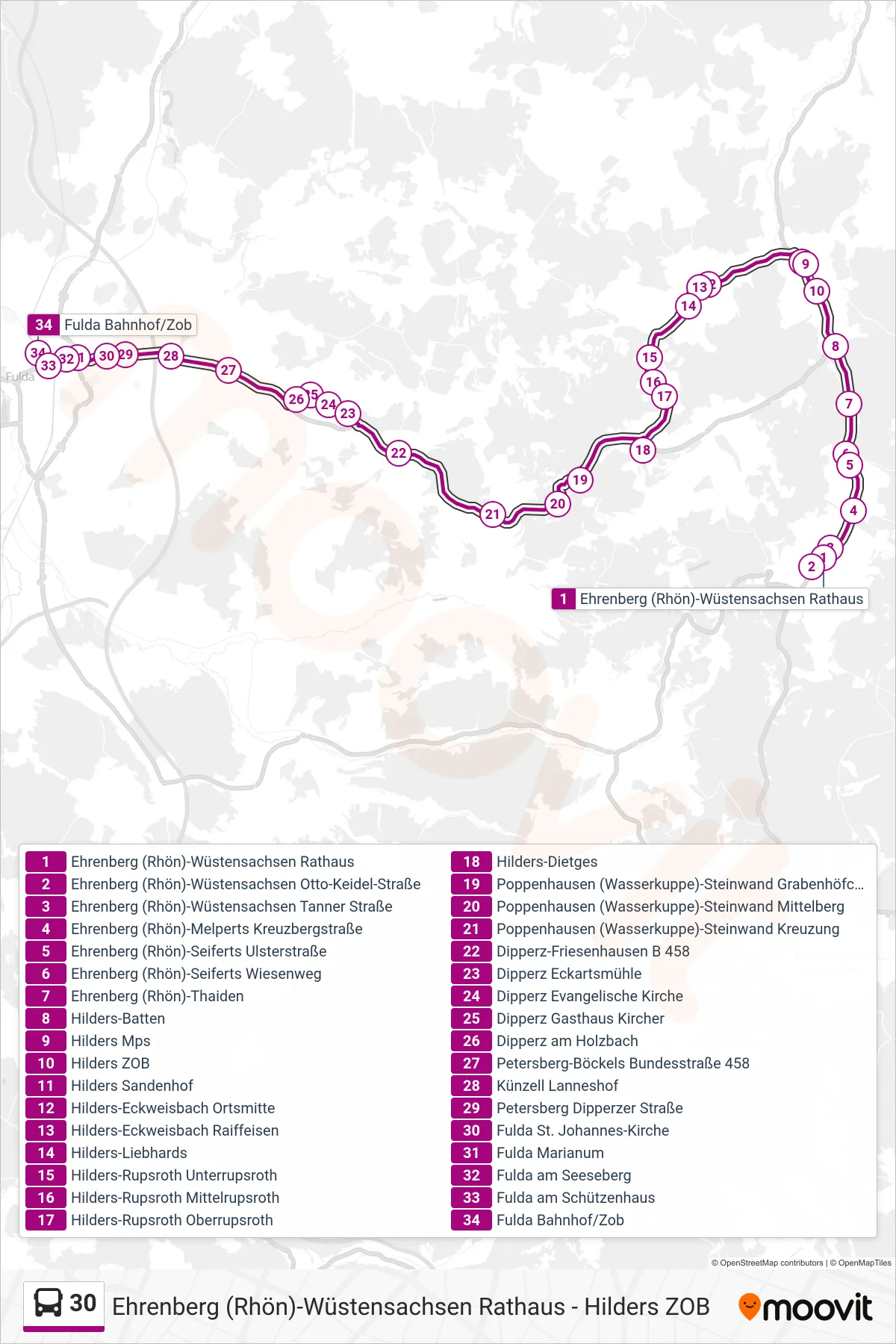 30 bus Line (Fulda Bahnhof/Zob) route and stops on a map