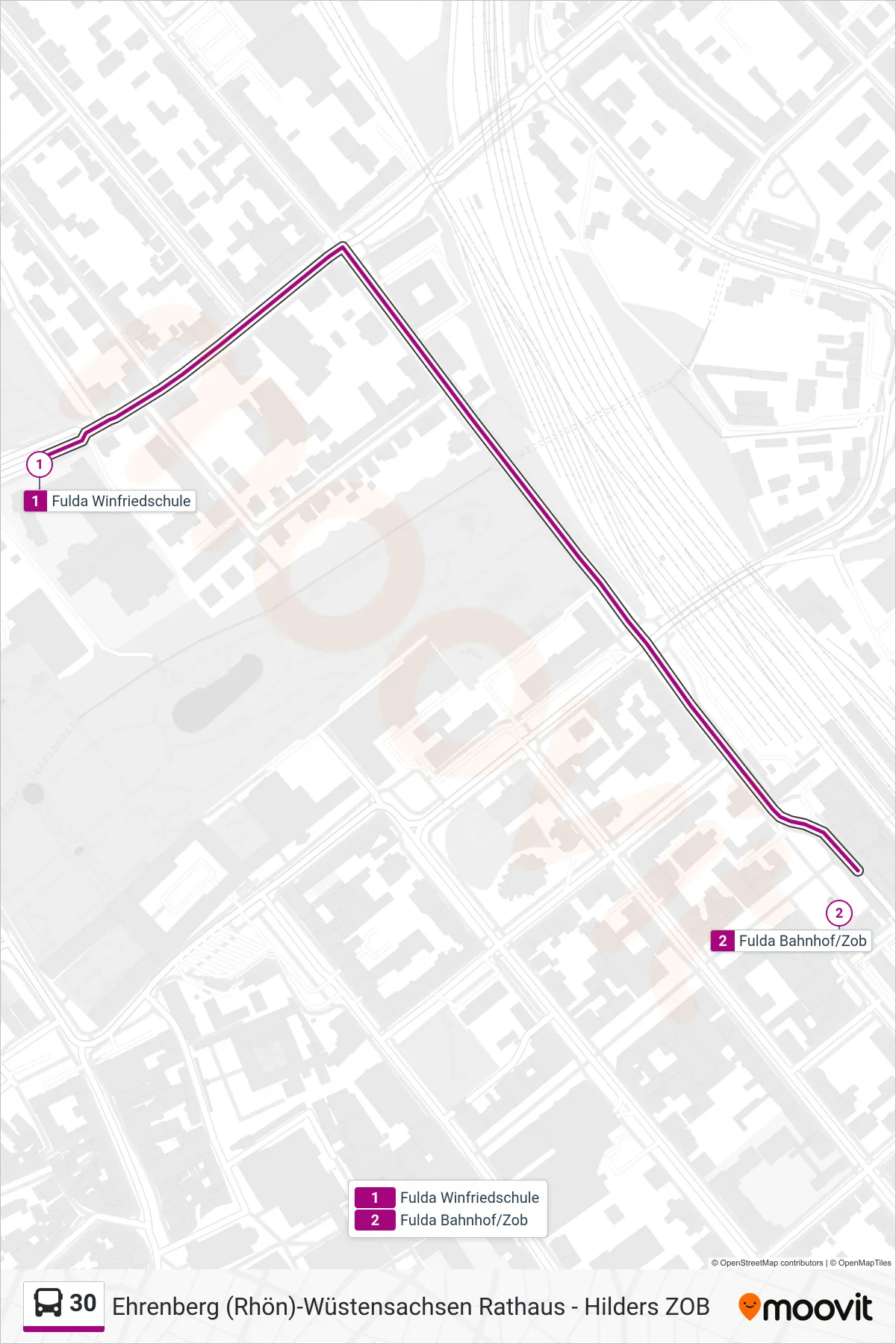 30 bus Line (Fulda Bahnhof/Zob) route and stops on a map