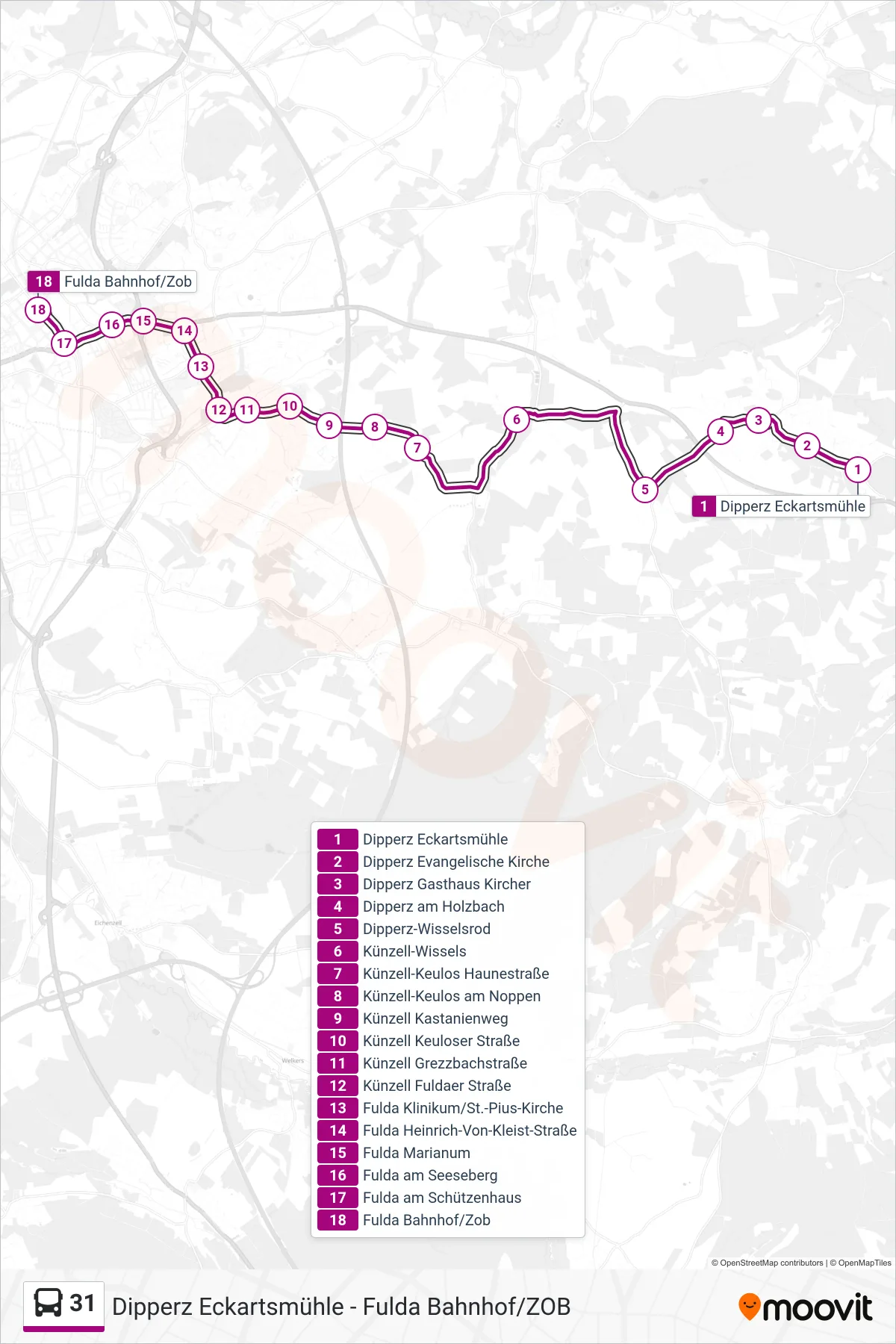 31 bus Line (Fulda Bahnhof/Zob) route and stops on a map
