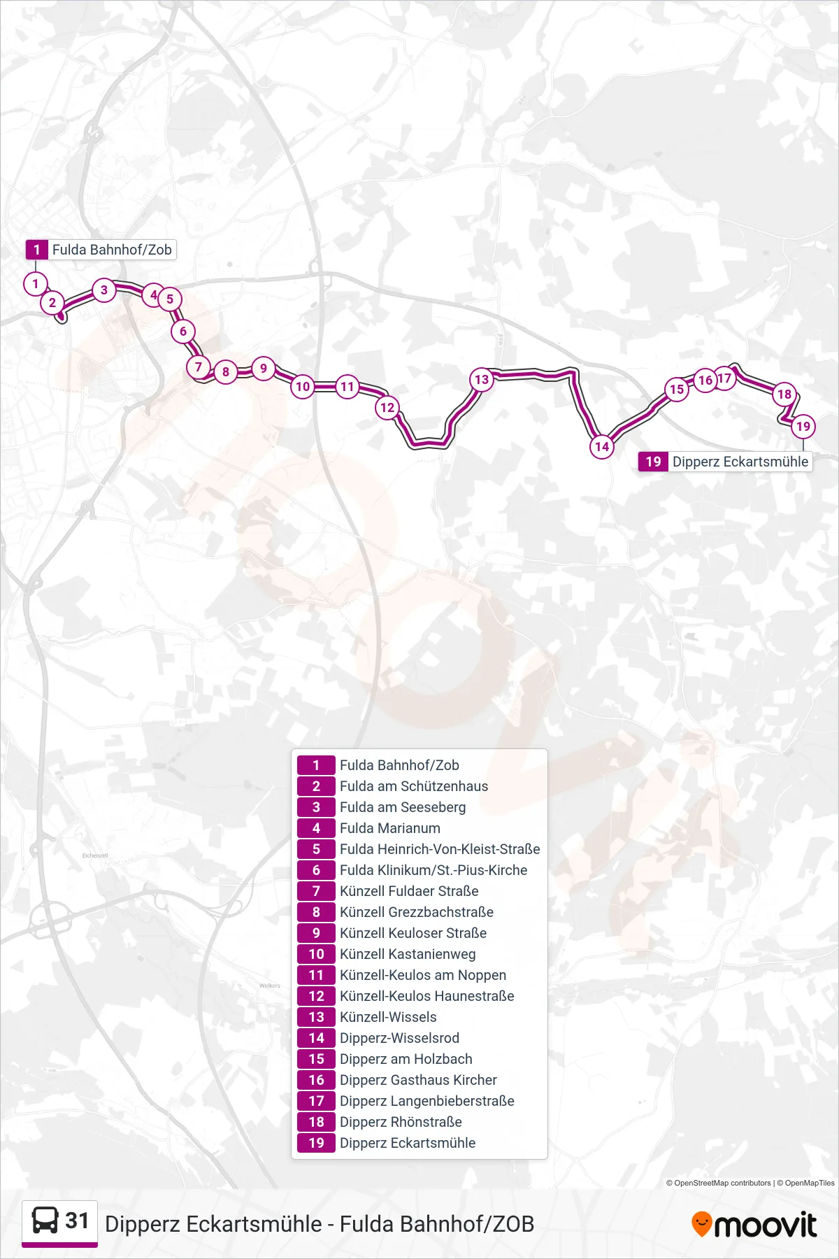 31 bus Line (Dipperz Eckartsmühle) route and stops on a map