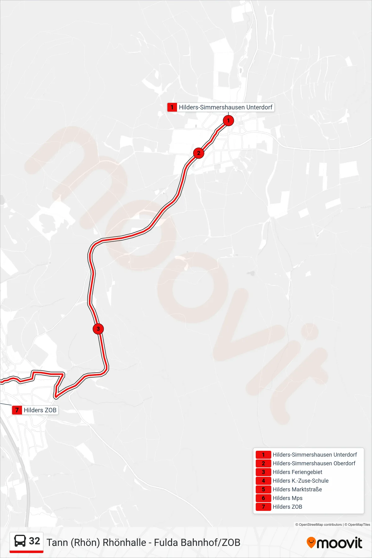 32 bus Line (Hilders ZOB) route and stops on a map