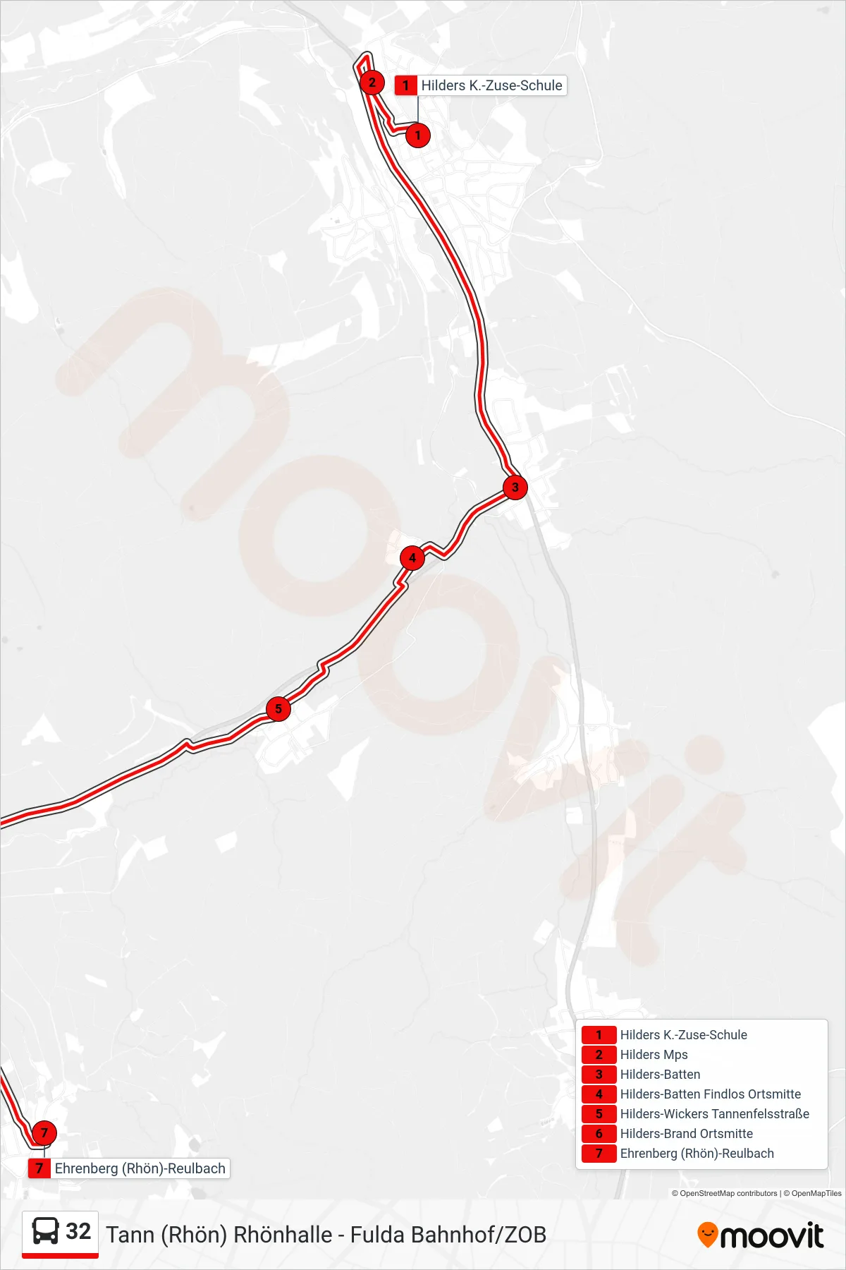 32 bus Line (Ehrenberg (Rhön)-Reulbach) route and stops on a map