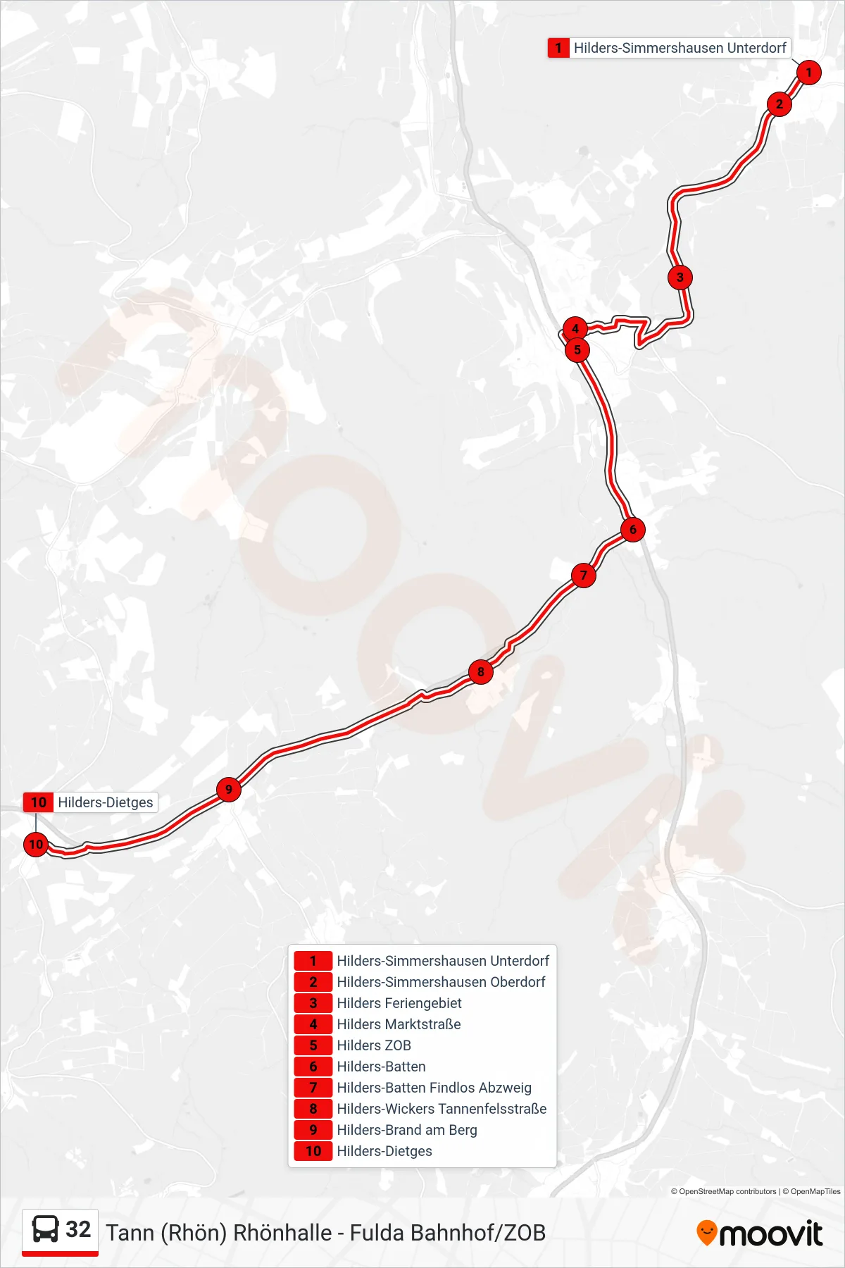32 bus Line (Hilders-Dietges) route and stops on a map