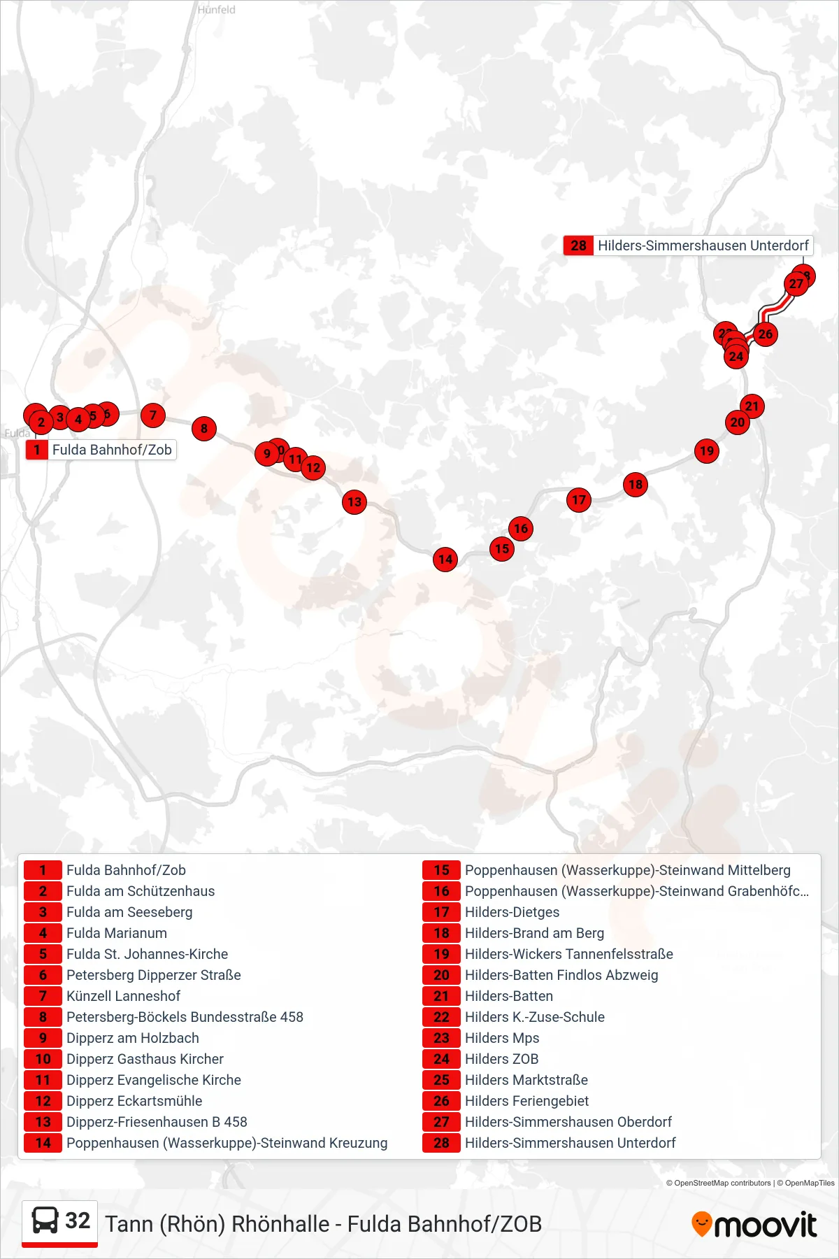 32 bus Line (Hilders-Simmershausen Unterdorf) route and stops on a map