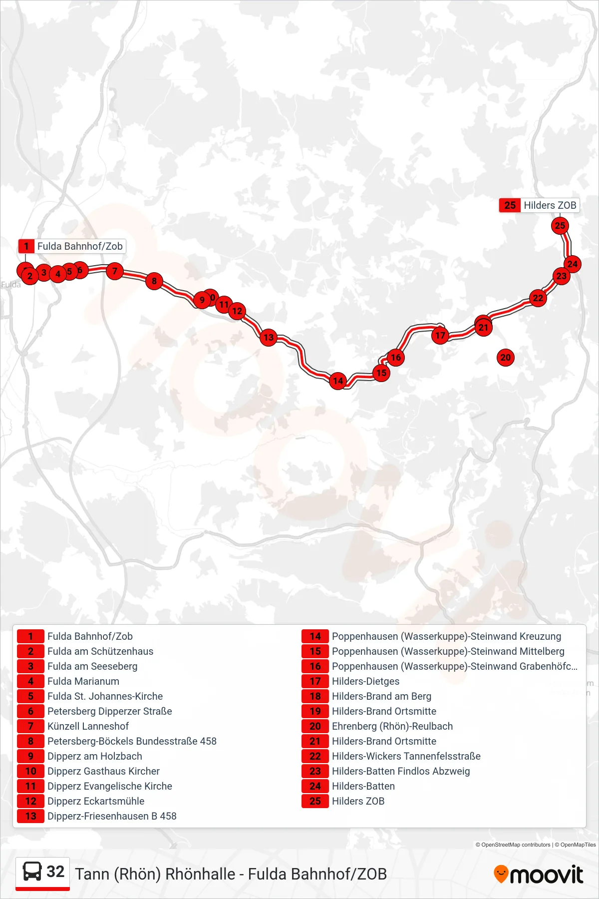 32 bus Line (Hilders ZOB) route and stops on a map