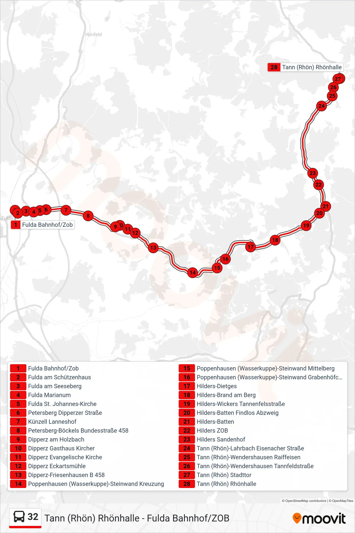 32 bus Line (Tann (Rhön) Rhönhalle) route and stops on a map