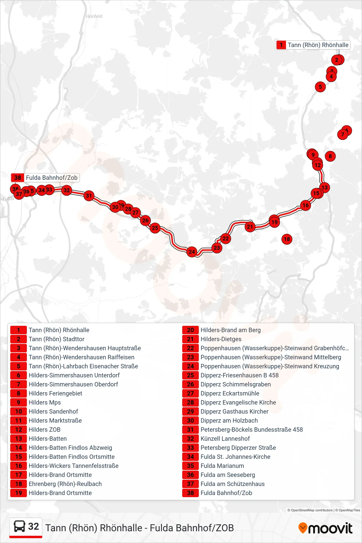 32 bus Line (Fulda Bahnhof/Zob) route and stops on a map