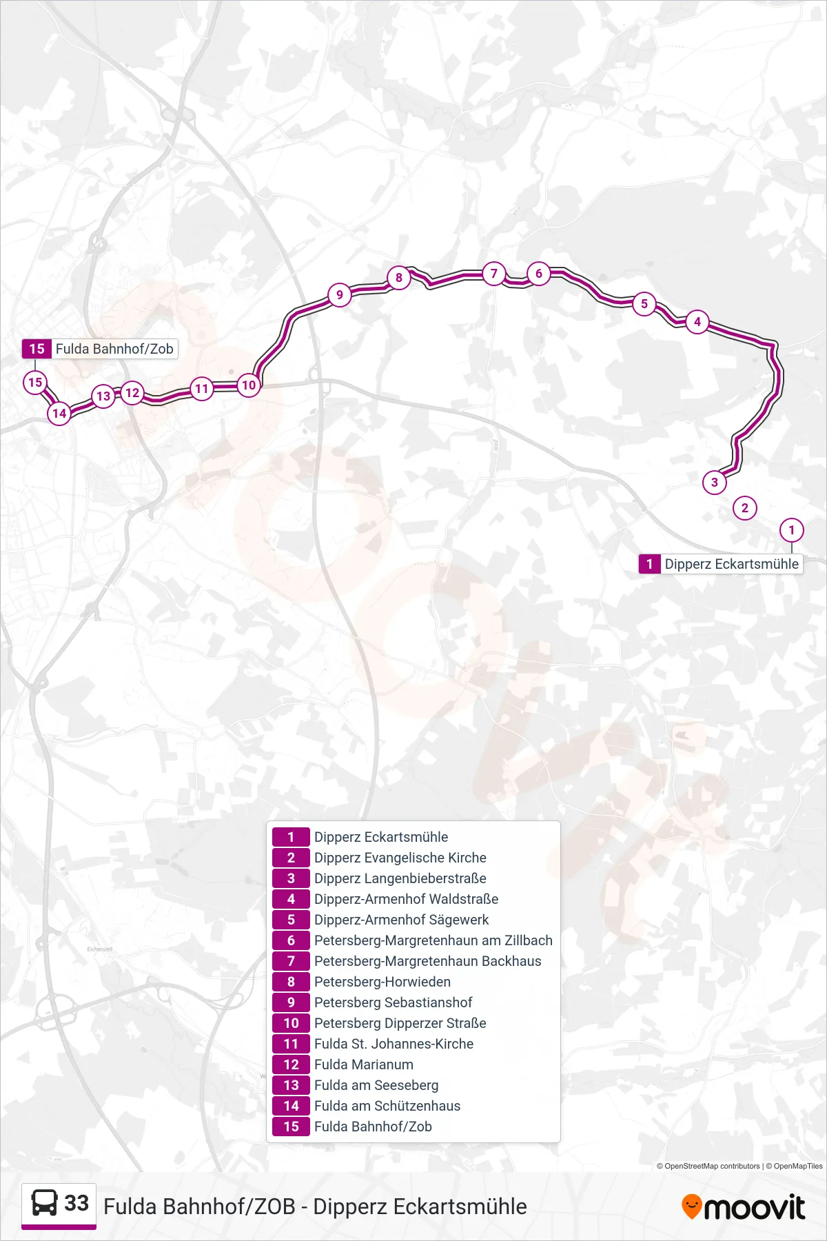 33 bus Line (Fulda Bahnhof/Zob) route and stops on a map