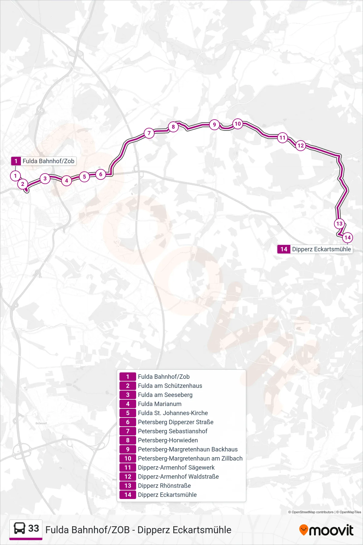 Linie 33 (Bus) Richtung Dipperz Eckartsmühle: Route und Haltestellen auf der Karte