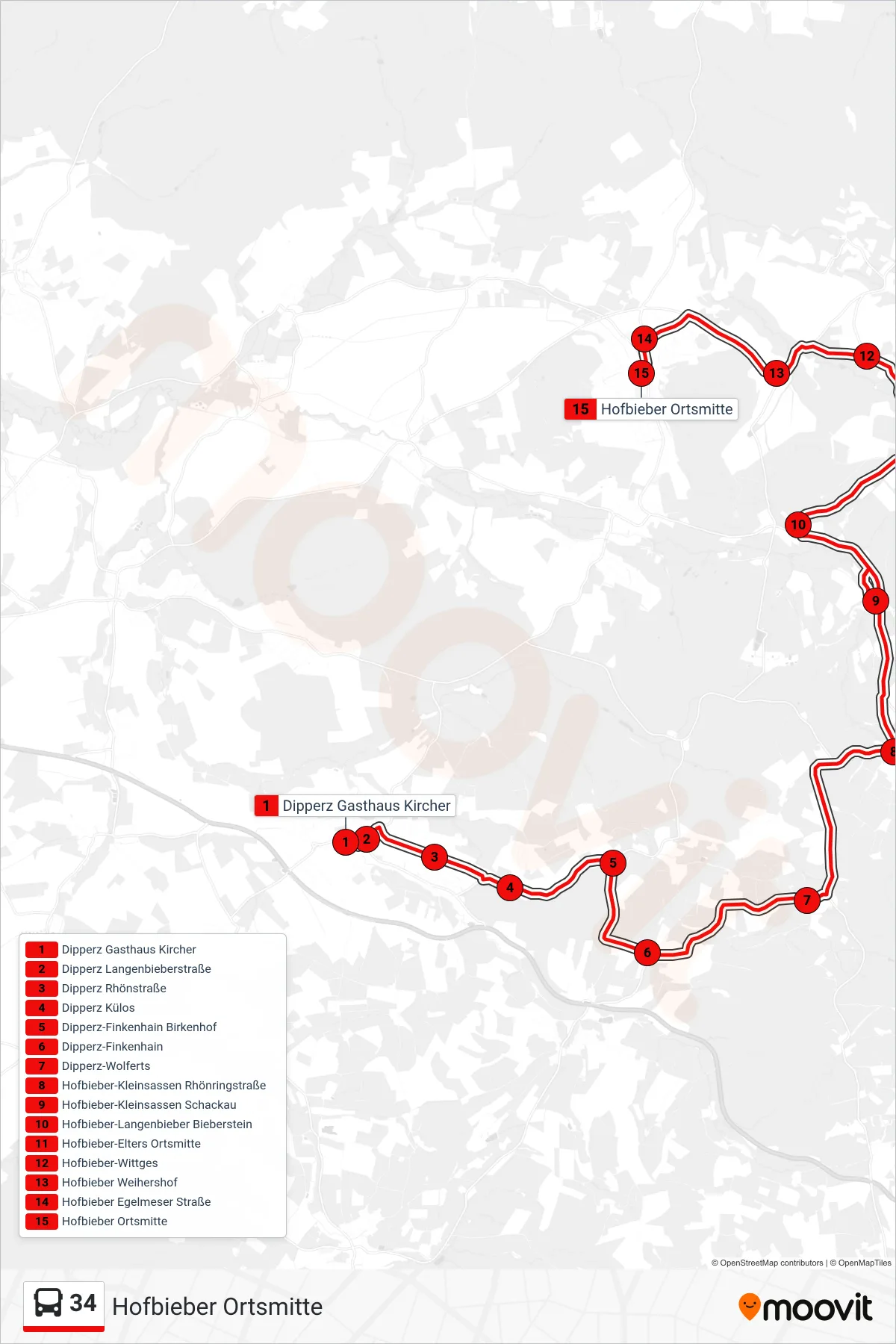 34 bus Line (Hofbieber Ortsmitte) route and stops on a map