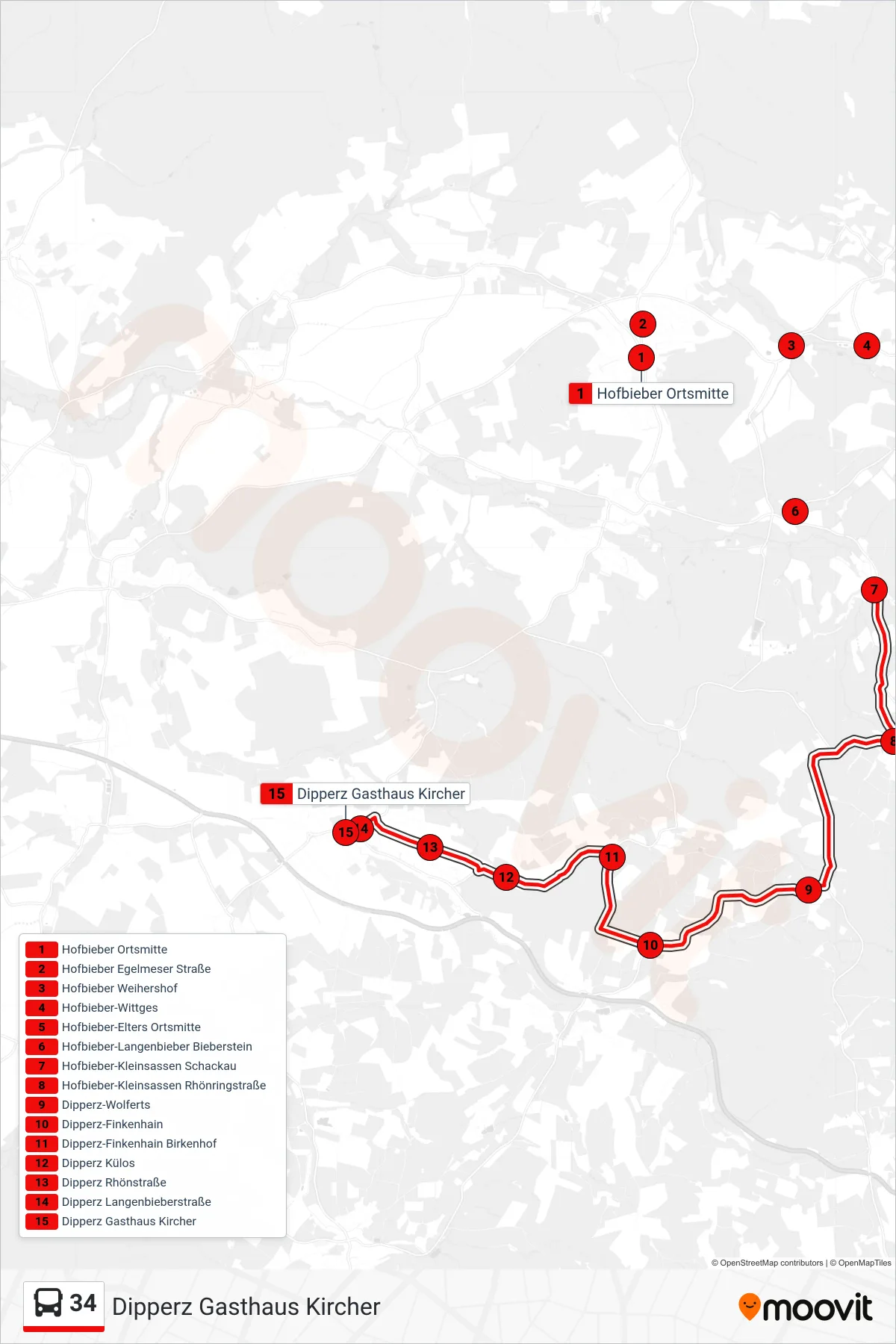 34 bus Line (Dipperz Gasthaus Kircher) route and stops on a map