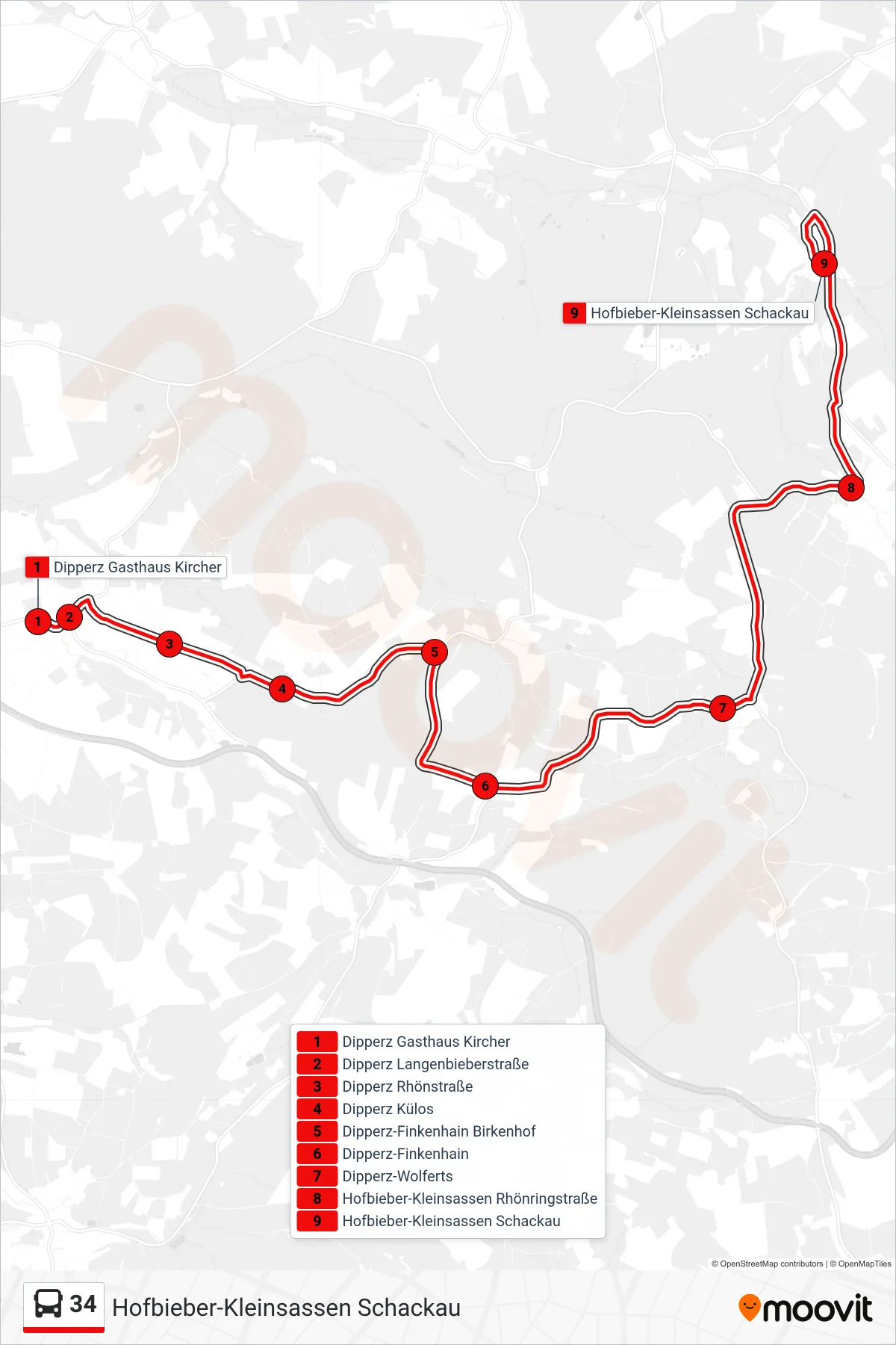 Linie 34 (Bus) Richtung Hofbieber-Kleinsassen Schackau: Route und Haltestellen auf der Karte