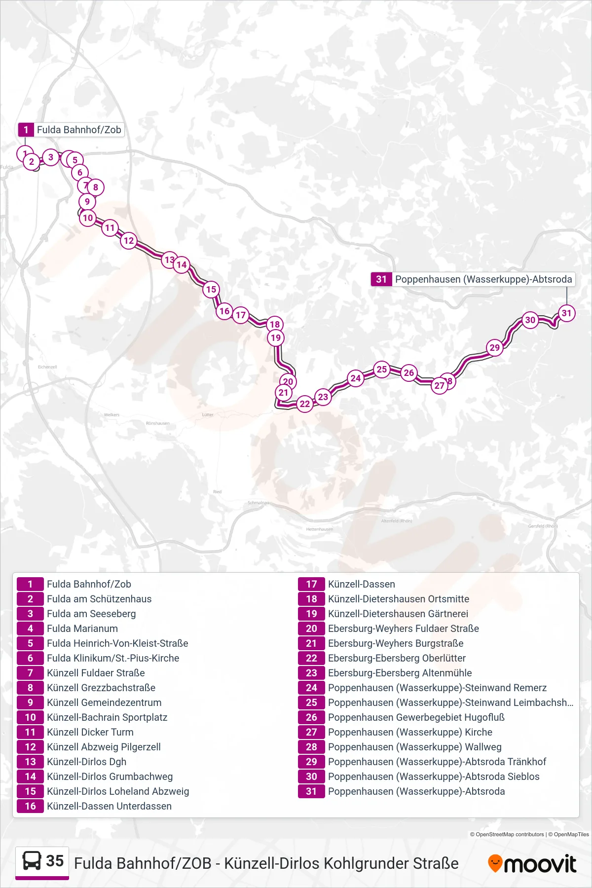 35 bus Line (Poppenhausen (Wasserkuppe)-Abtsroda) route and stops on a map