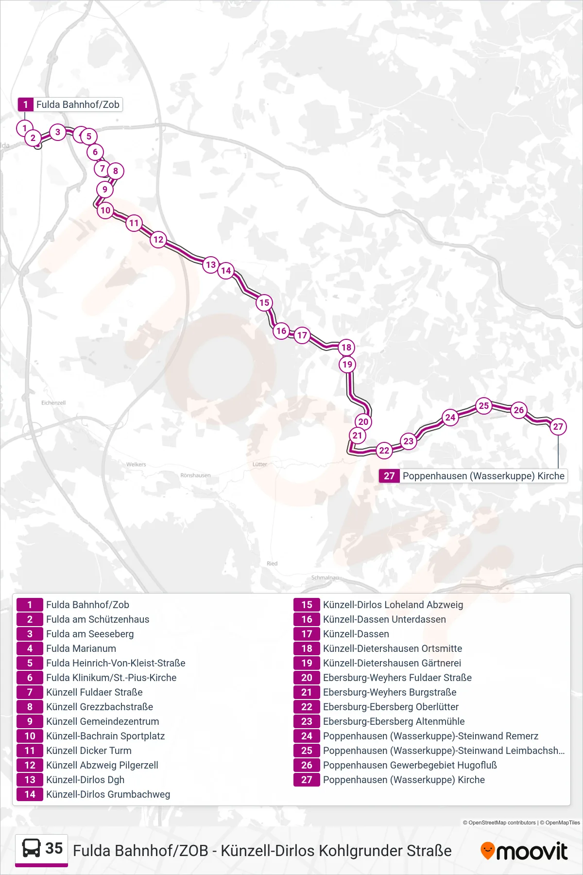 35 bus Line (Poppenhausen (Wasserkuppe) Kirche) route and stops on a map