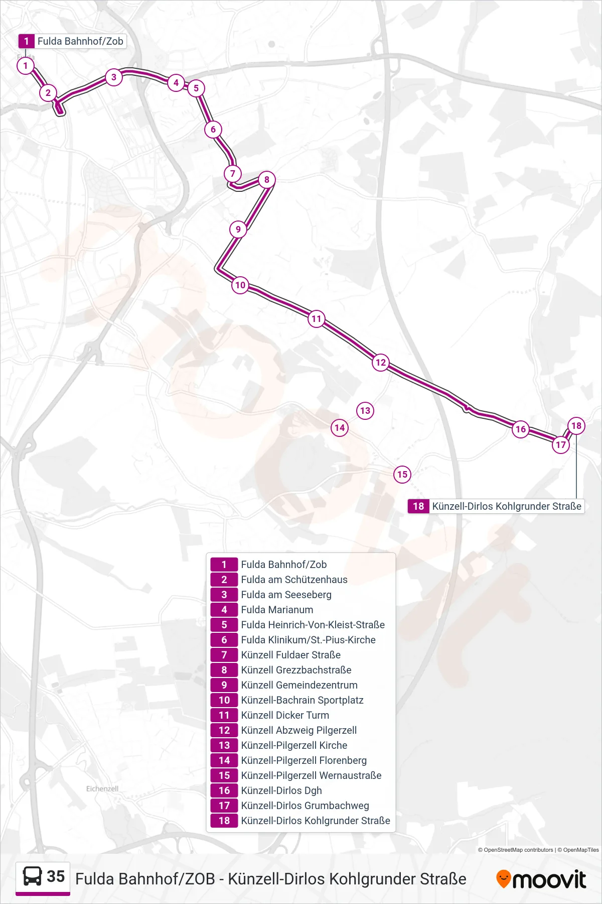 35 bus Line (Künzell-Dirlos Kohlgrunder Straße) route and stops on a map