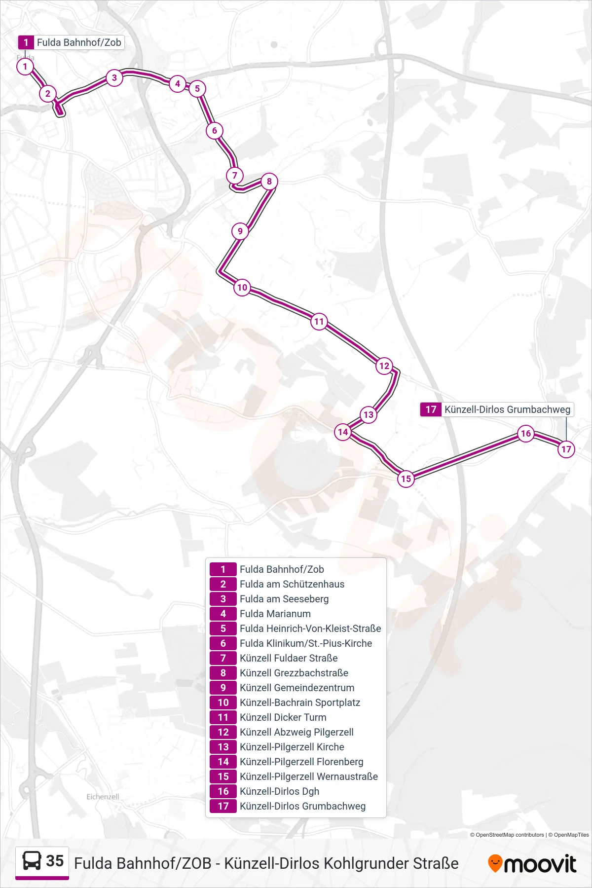 35 bus Line (Künzell-Dirlos Grumbachweg) route and stops on a map