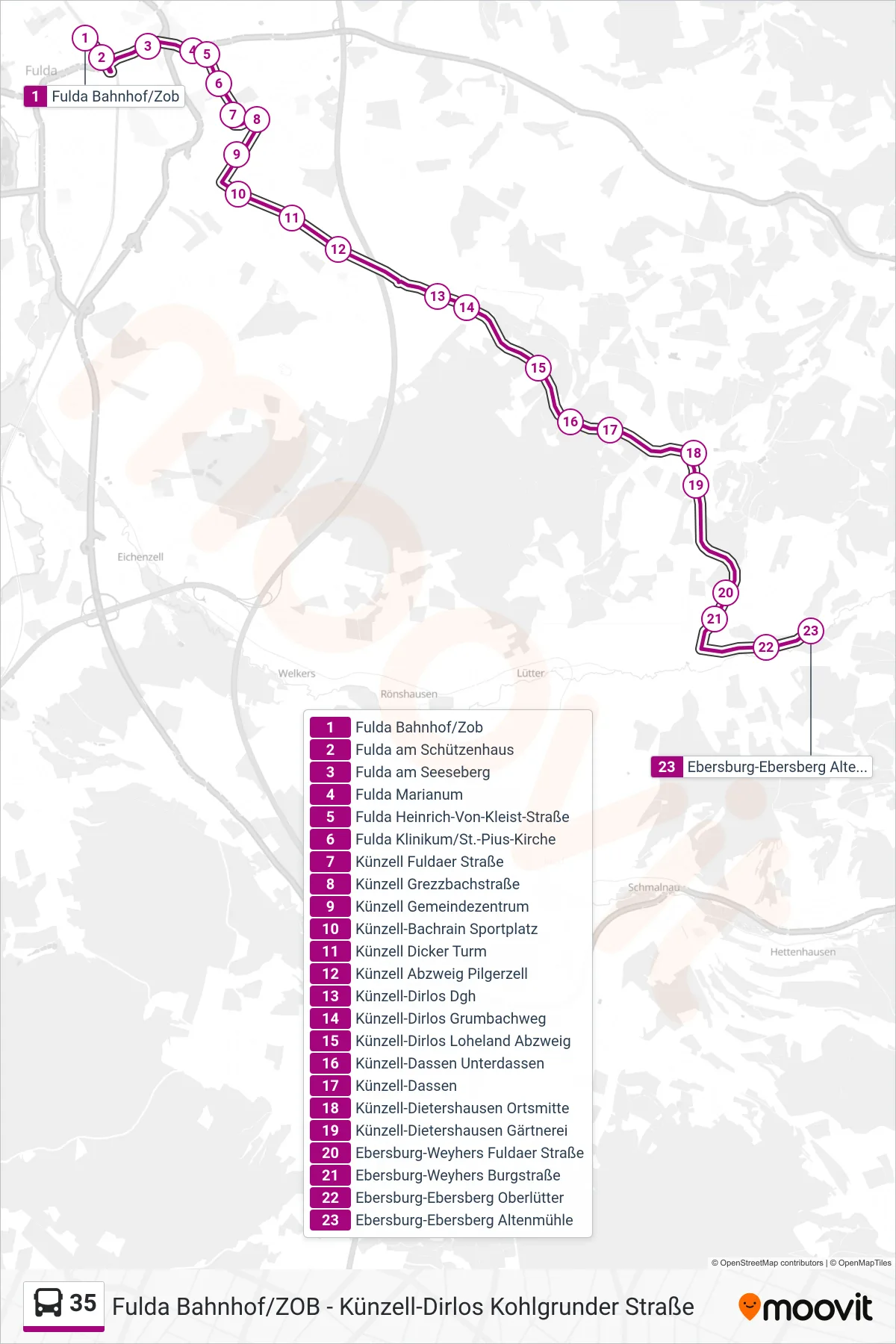 35 bus Line (Ebersburg-Ebersberg Altenmühle) route and stops on a map