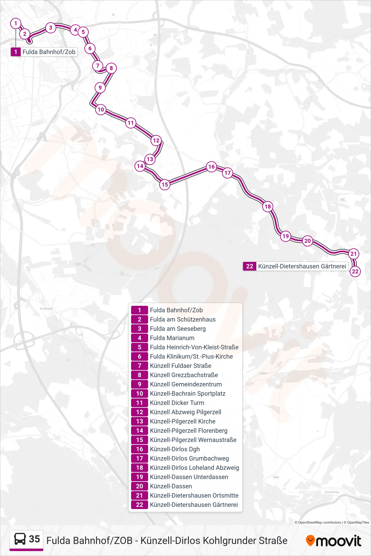 35 bus Line (Künzell-Dietershausen Gärtnerei) route and stops on a map