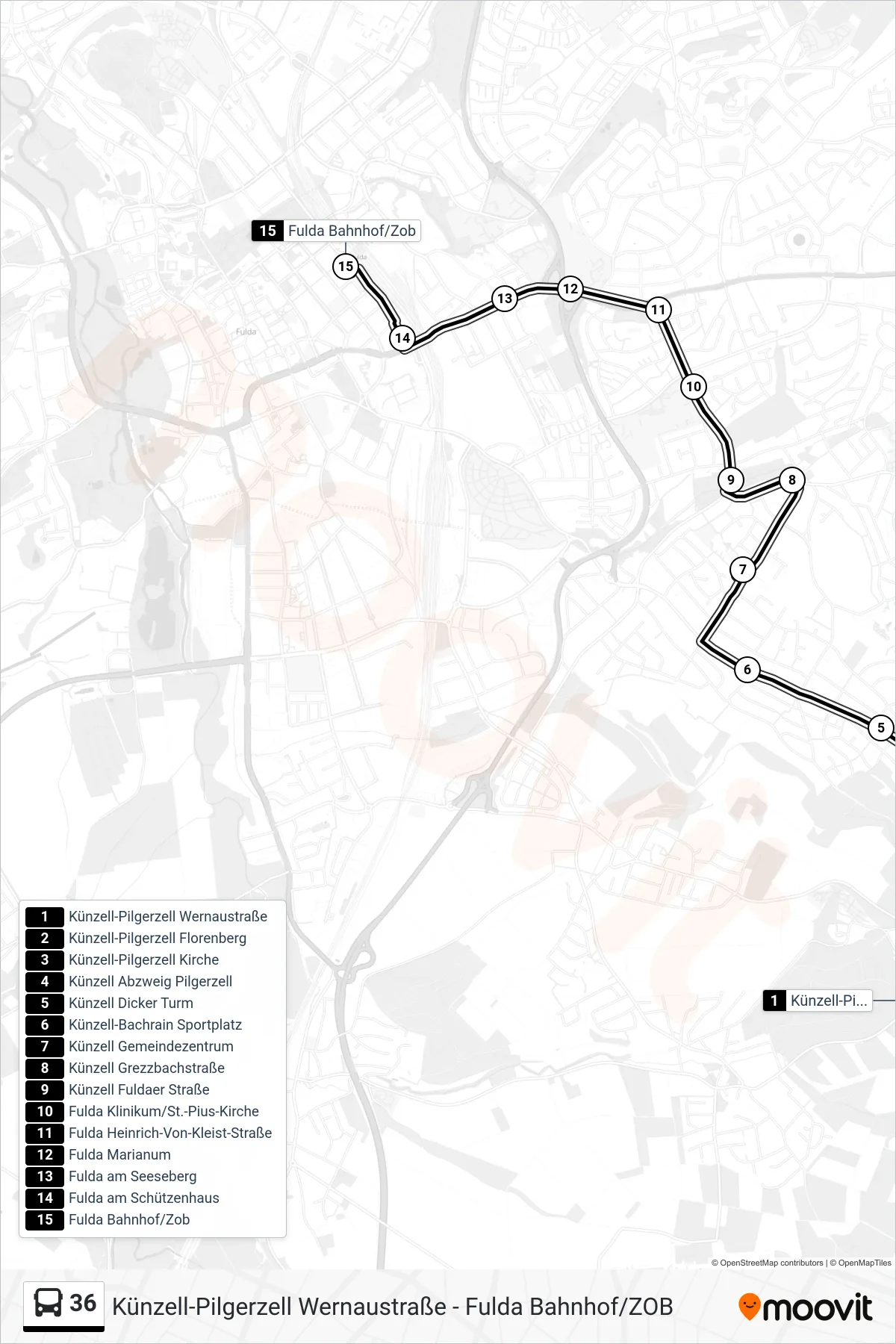 Linie 36 (Bus) Richtung Fulda Bahnhof/Zob: Route und Haltestellen auf der Karte