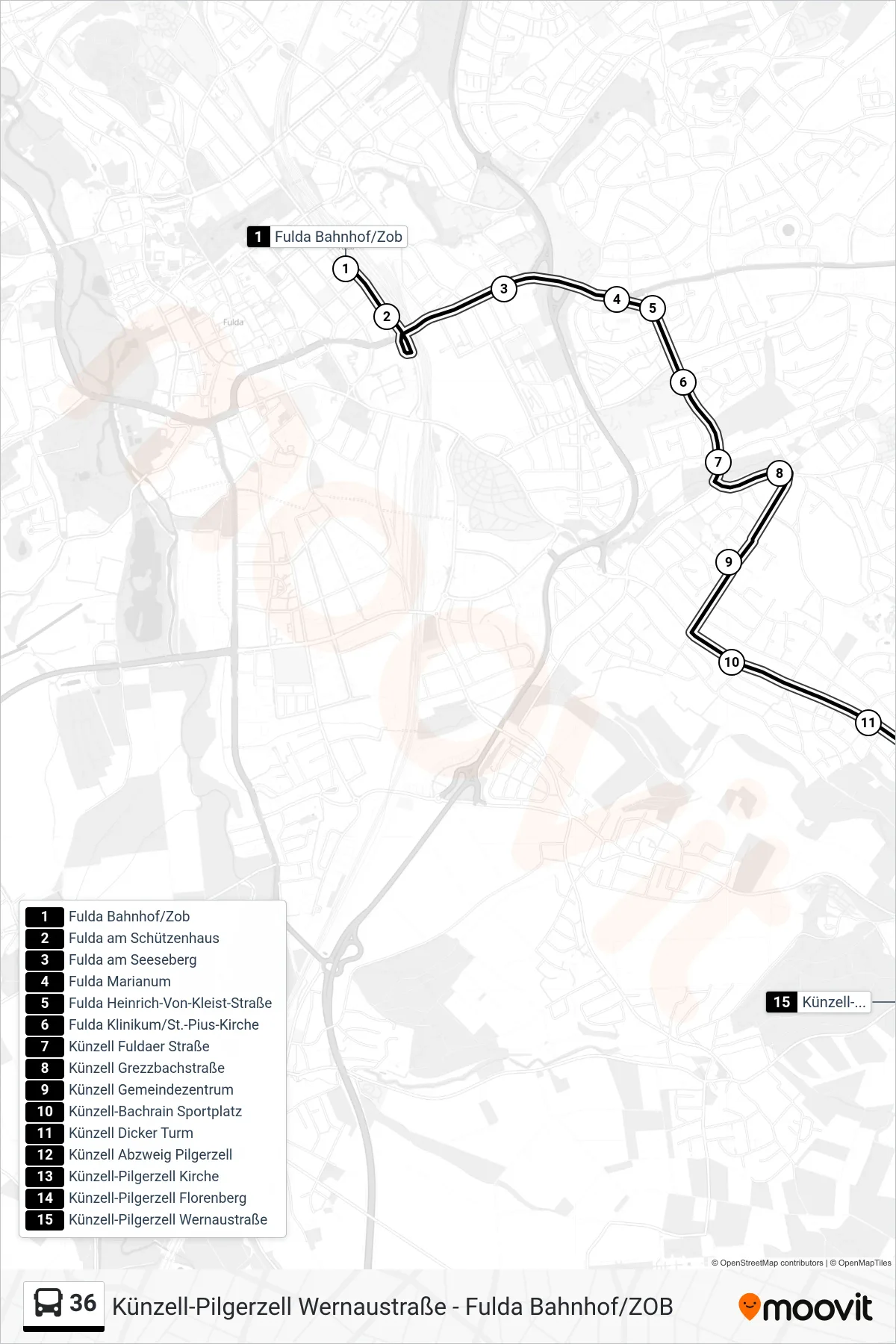 36 bus Line (Künzell-Pilgerzell Wernaustraße) route and stops on a map