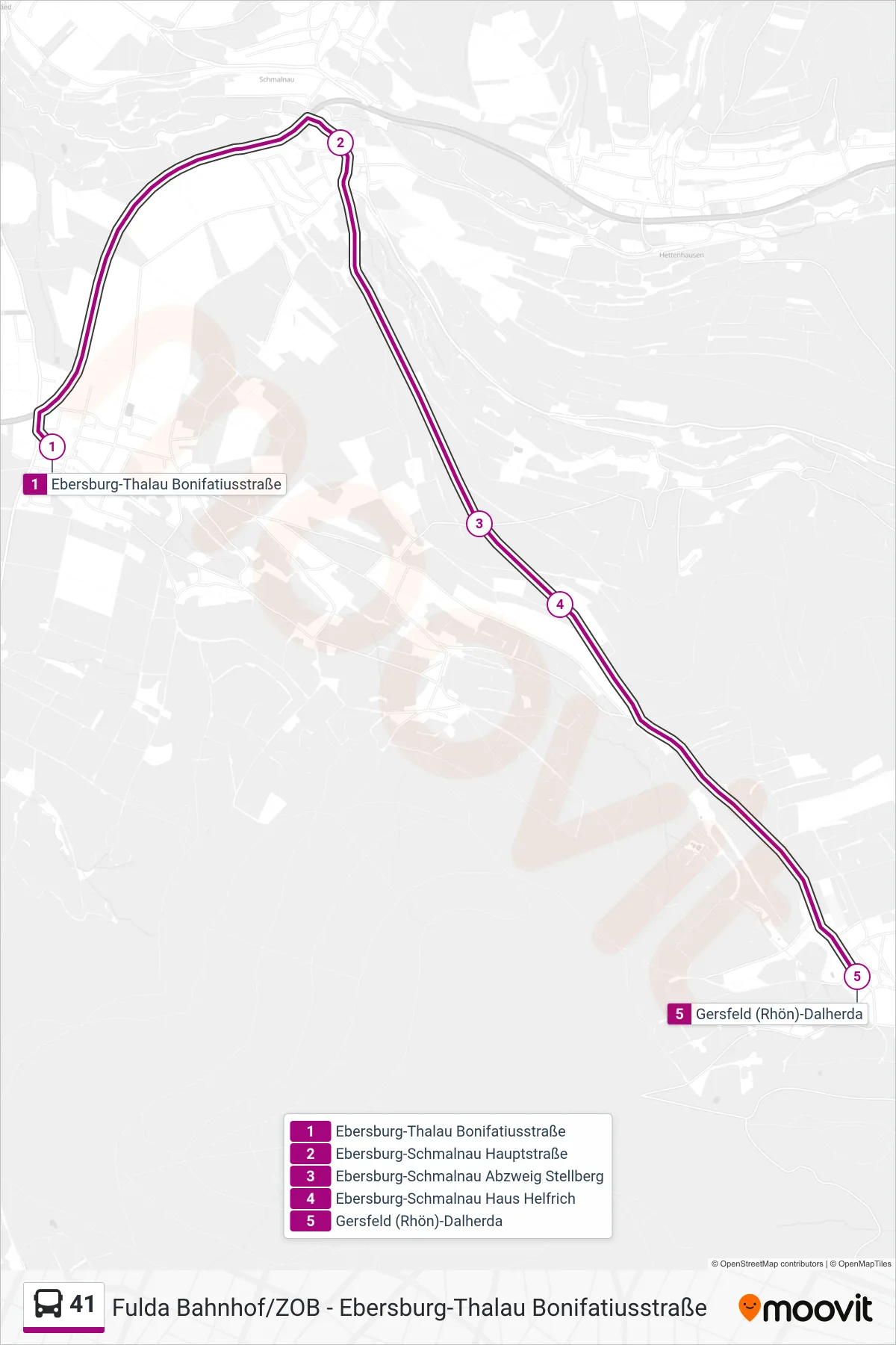 41 bus Line (Gersfeld (Rhön)-Dalherda) route and stops on a map