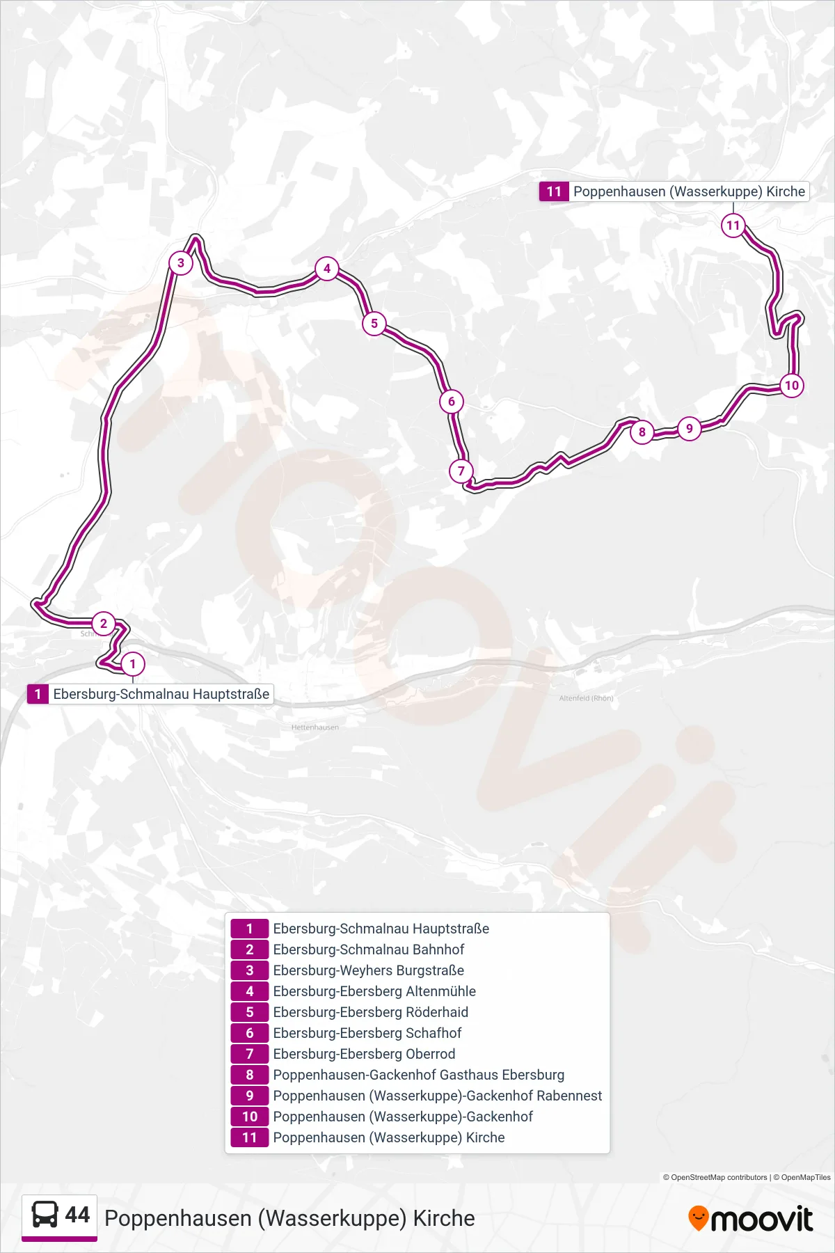 44 bus Line (Poppenhausen (Wasserkuppe) Kirche) route and stops on a map