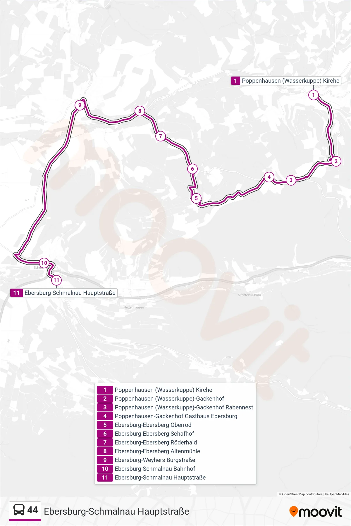 44 bus Line (Ebersburg-Schmalnau Hauptstraße) route and stops on a map