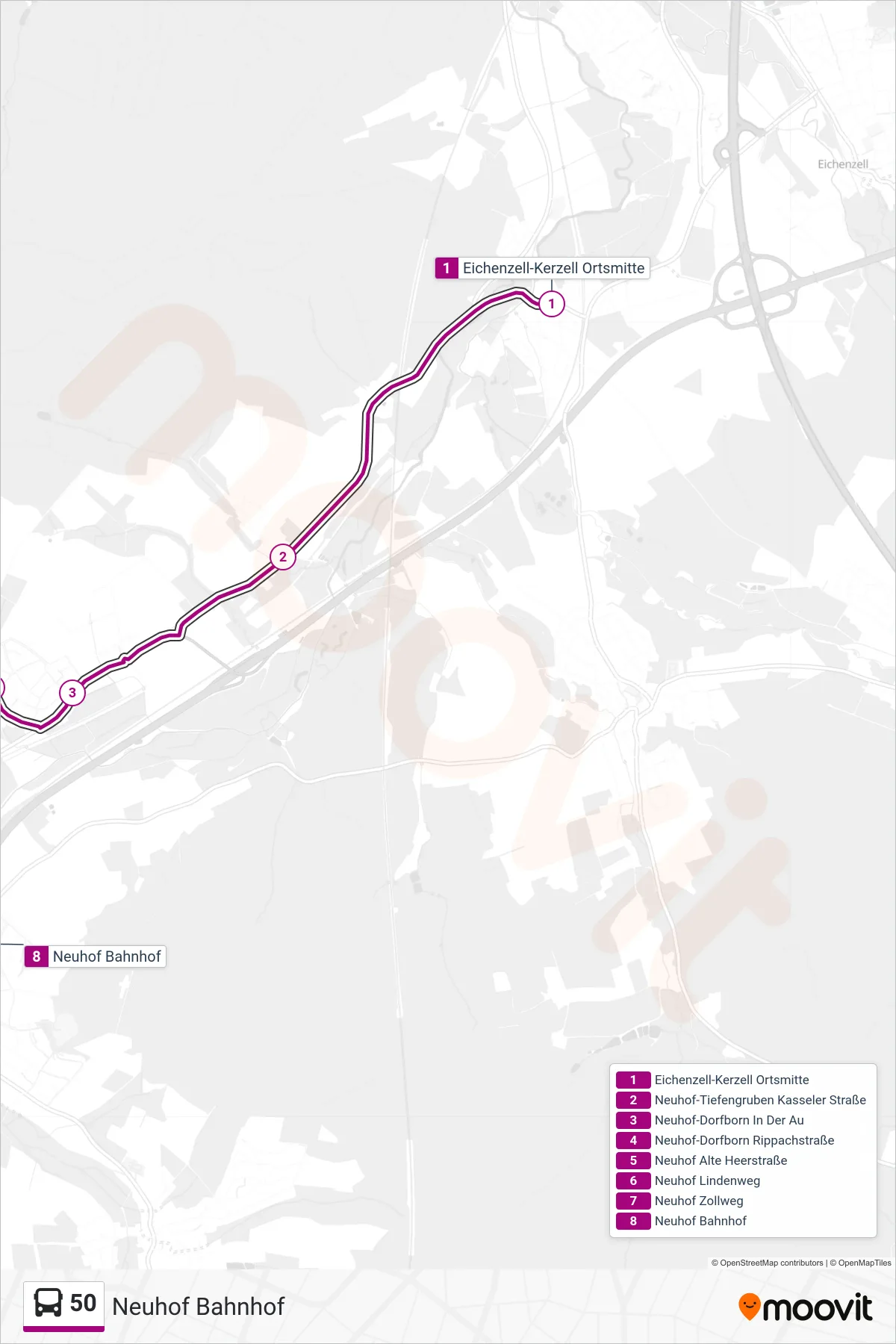 50 bus Line (Neuhof Bahnhof) route and stops on a map