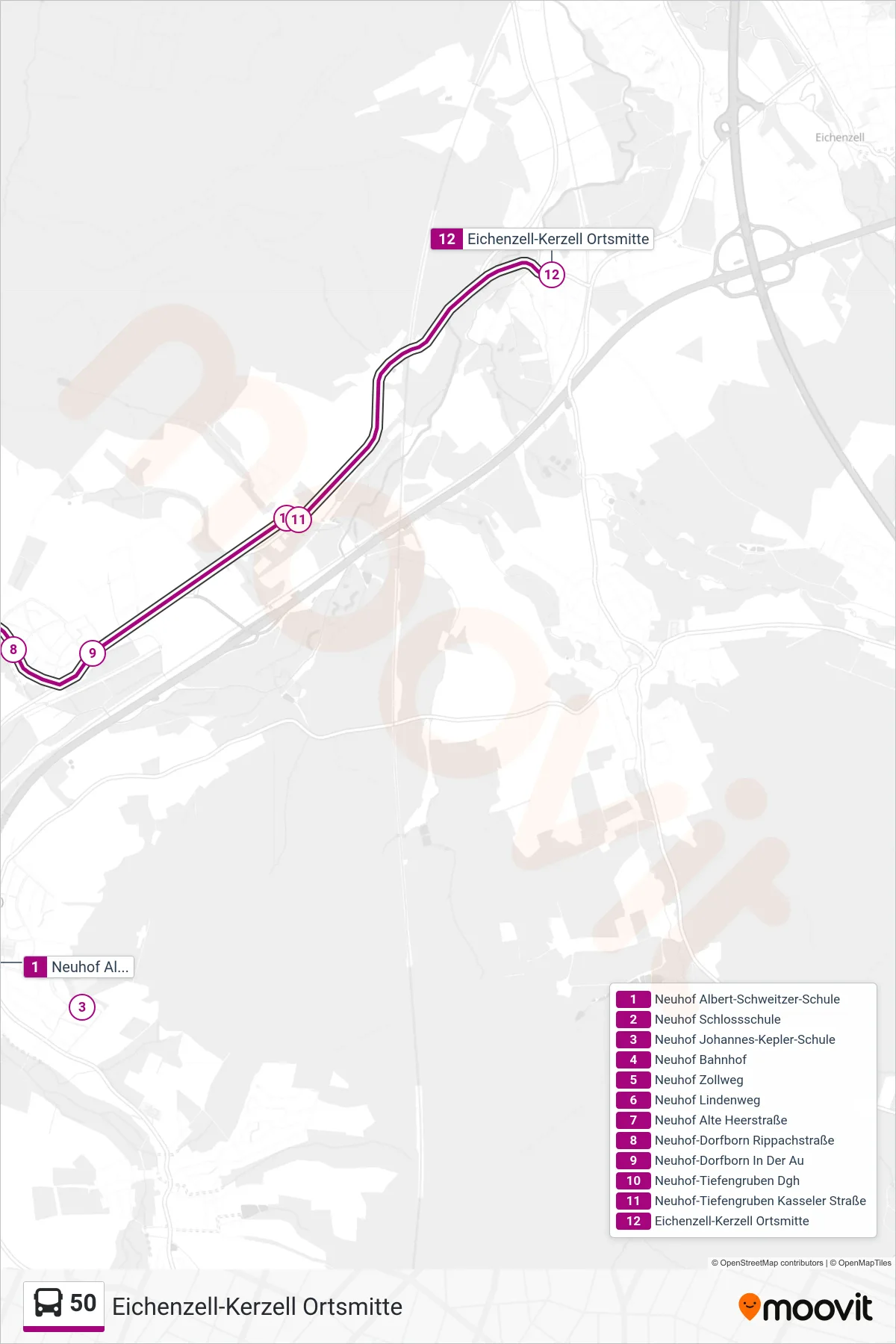 50 bus Line (Eichenzell-Kerzell Ortsmitte) route and stops on a map