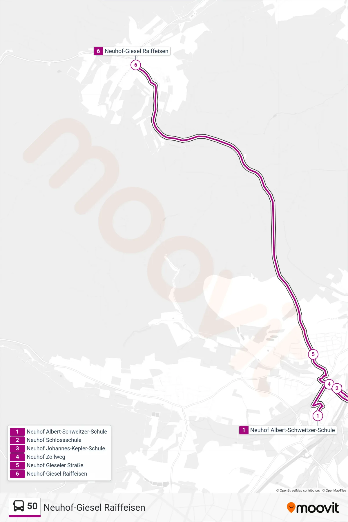 50 bus Line (Neuhof-Giesel Raiffeisen) route and stops on a map