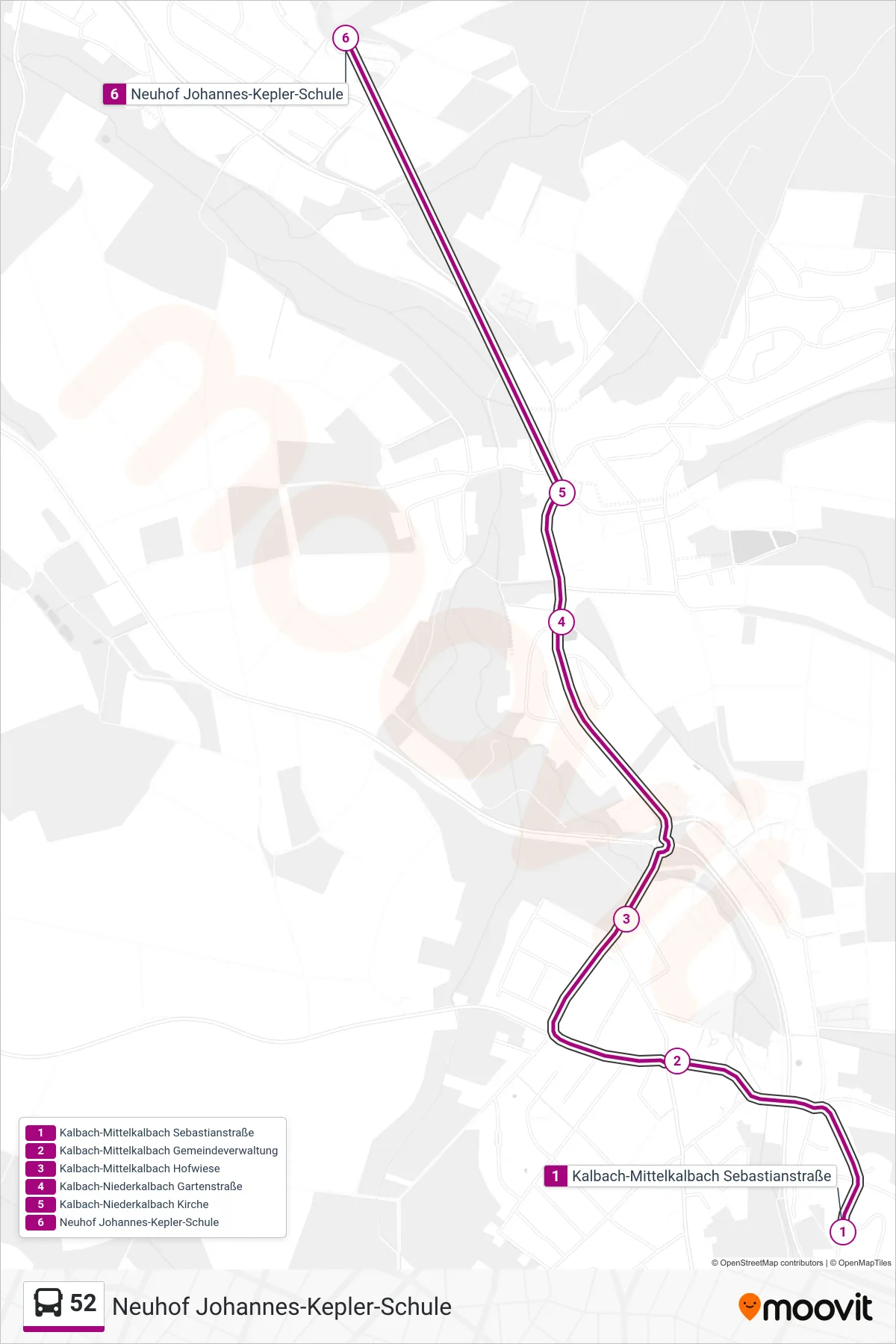 52 bus Line (Neuhof Johannes-Kepler-Schule) route and stops on a map