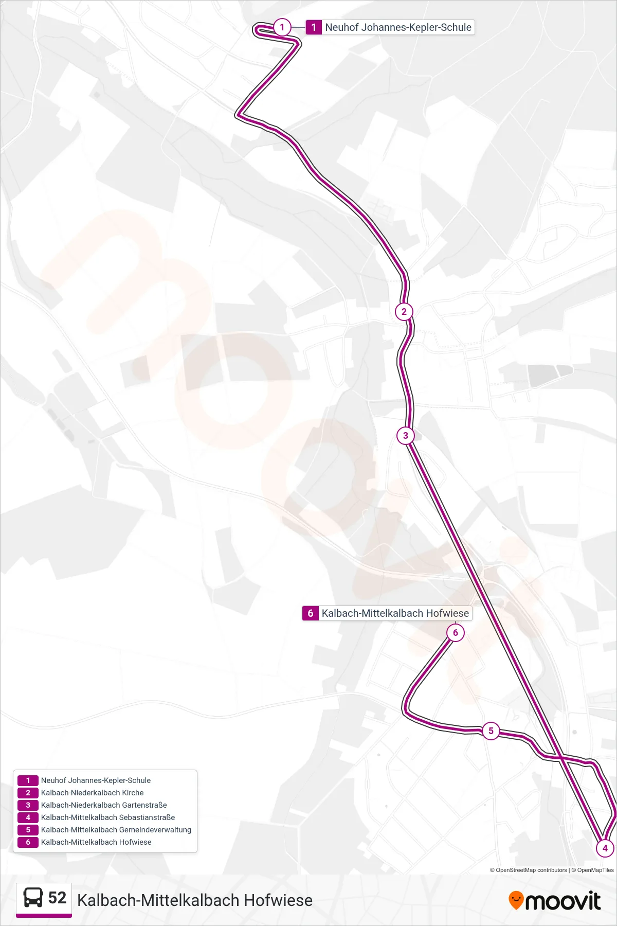 52 bus Line (Kalbach-Mittelkalbach Hofwiese) route and stops on a map