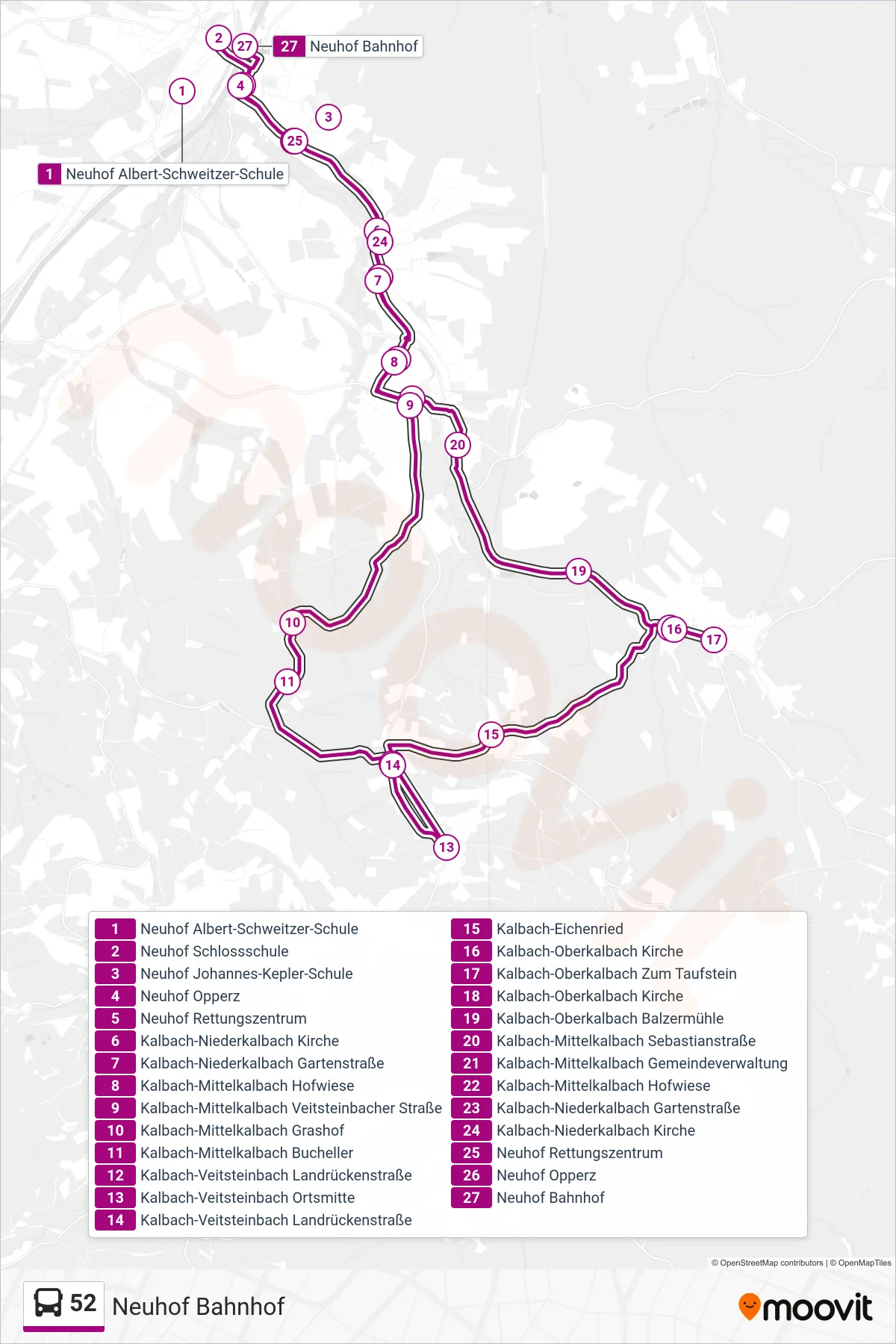Linie 52 (Bus) Richtung Neuhof Bahnhof: Route und Haltestellen auf der Karte