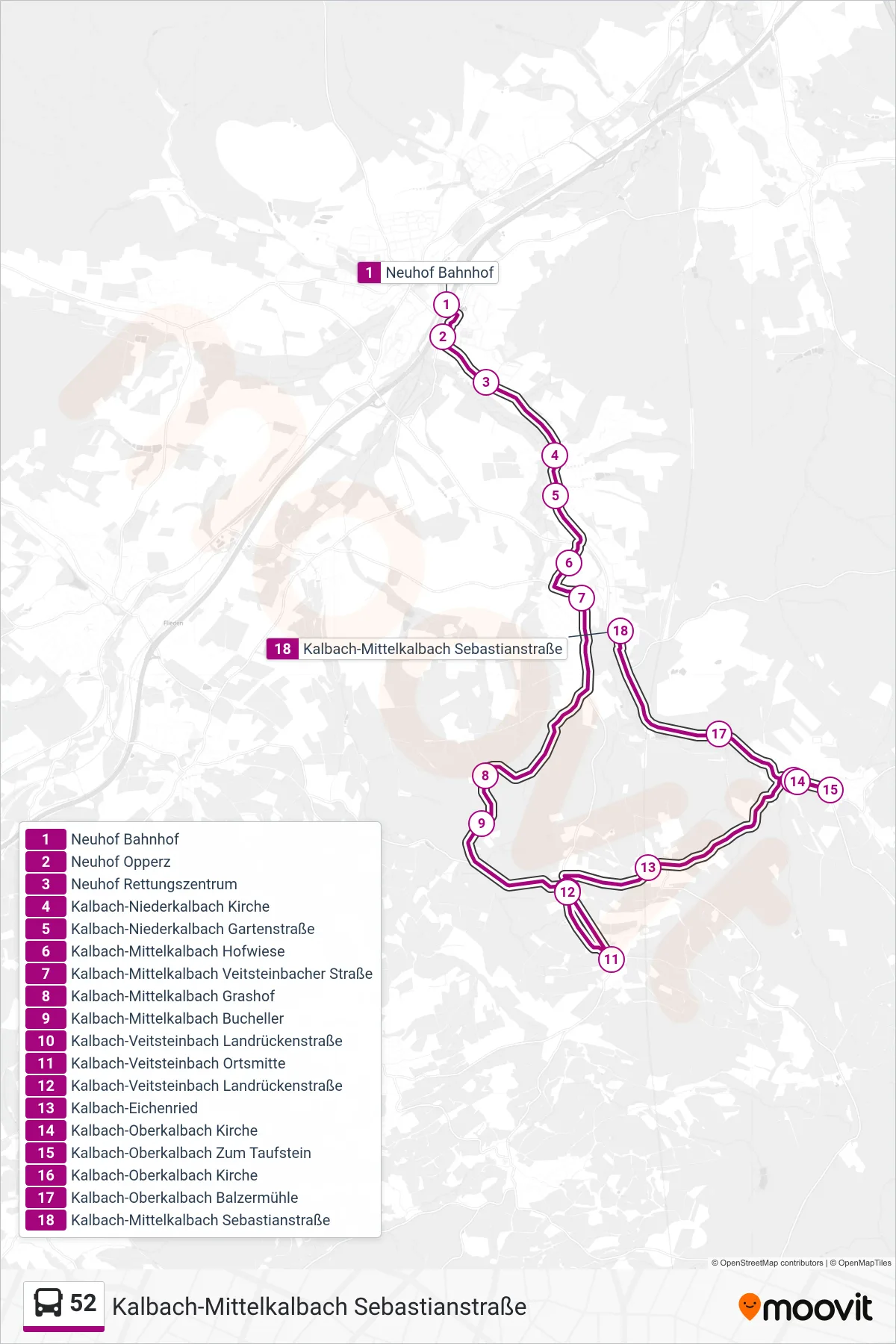 52 bus Line (Kalbach-Mittelkalbach Sebastianstraße) route and stops on a map