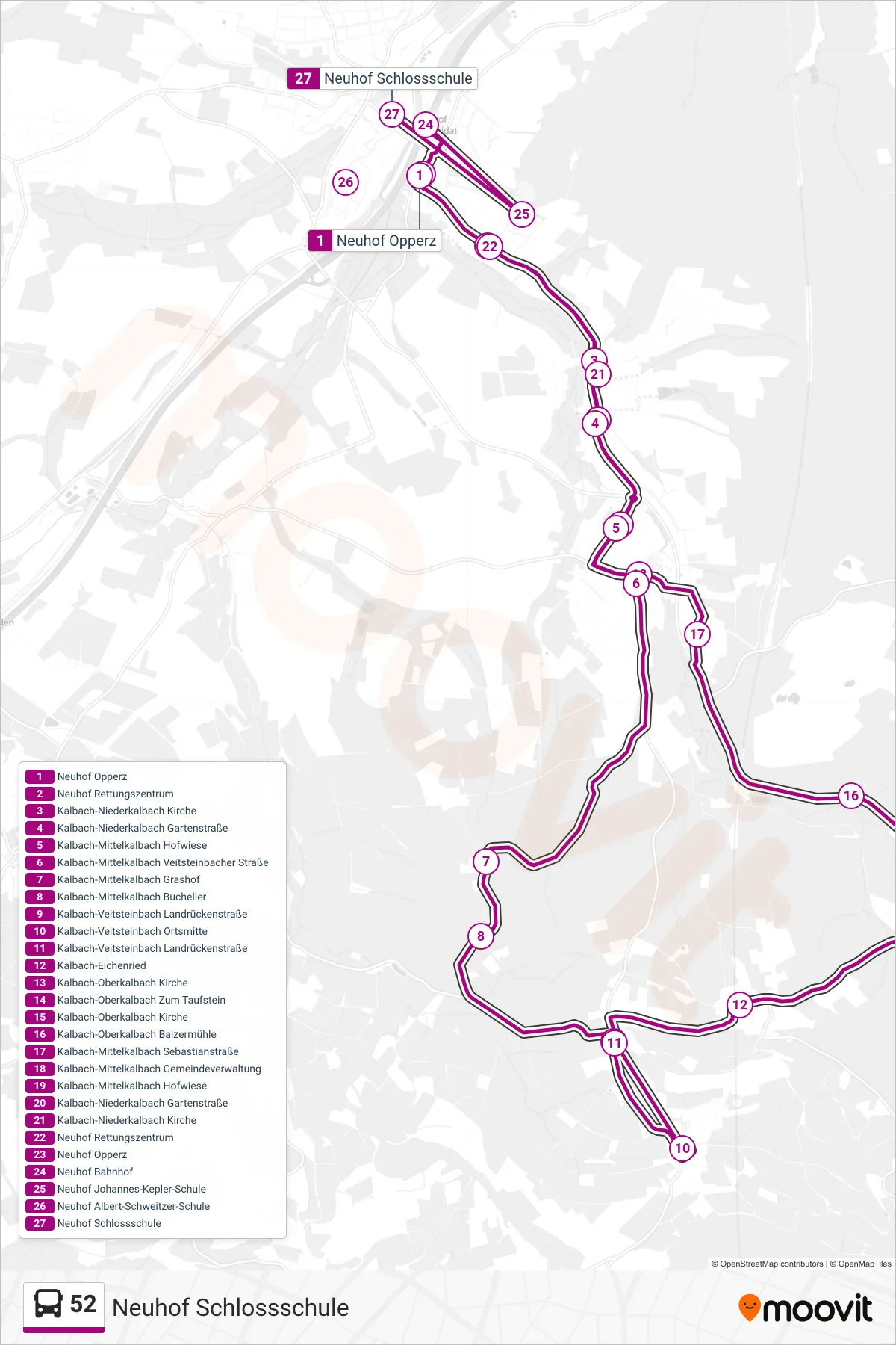52 bus Line (Neuhof Schlossschule) route and stops on a map