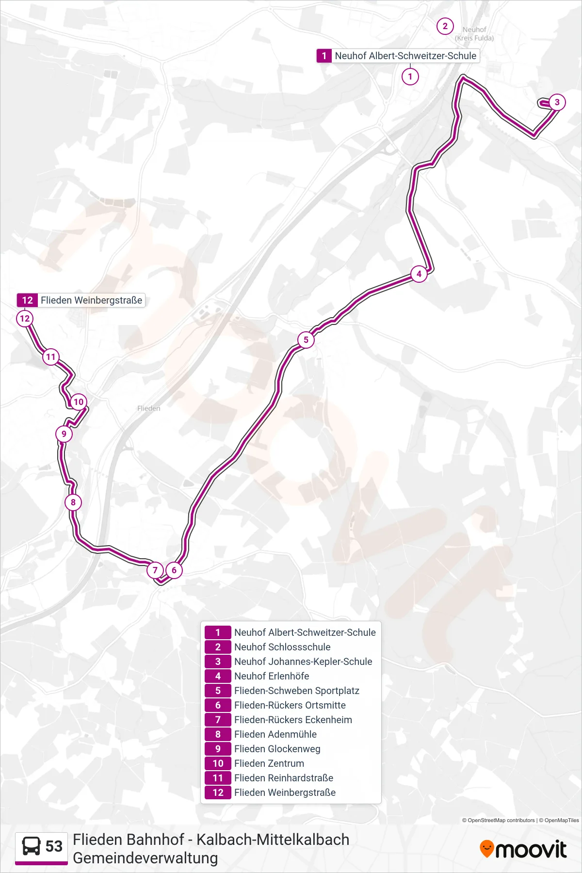 Linie 53 (Bus) Richtung Flieden Weinbergstraße: Route und Haltestellen auf der Karte