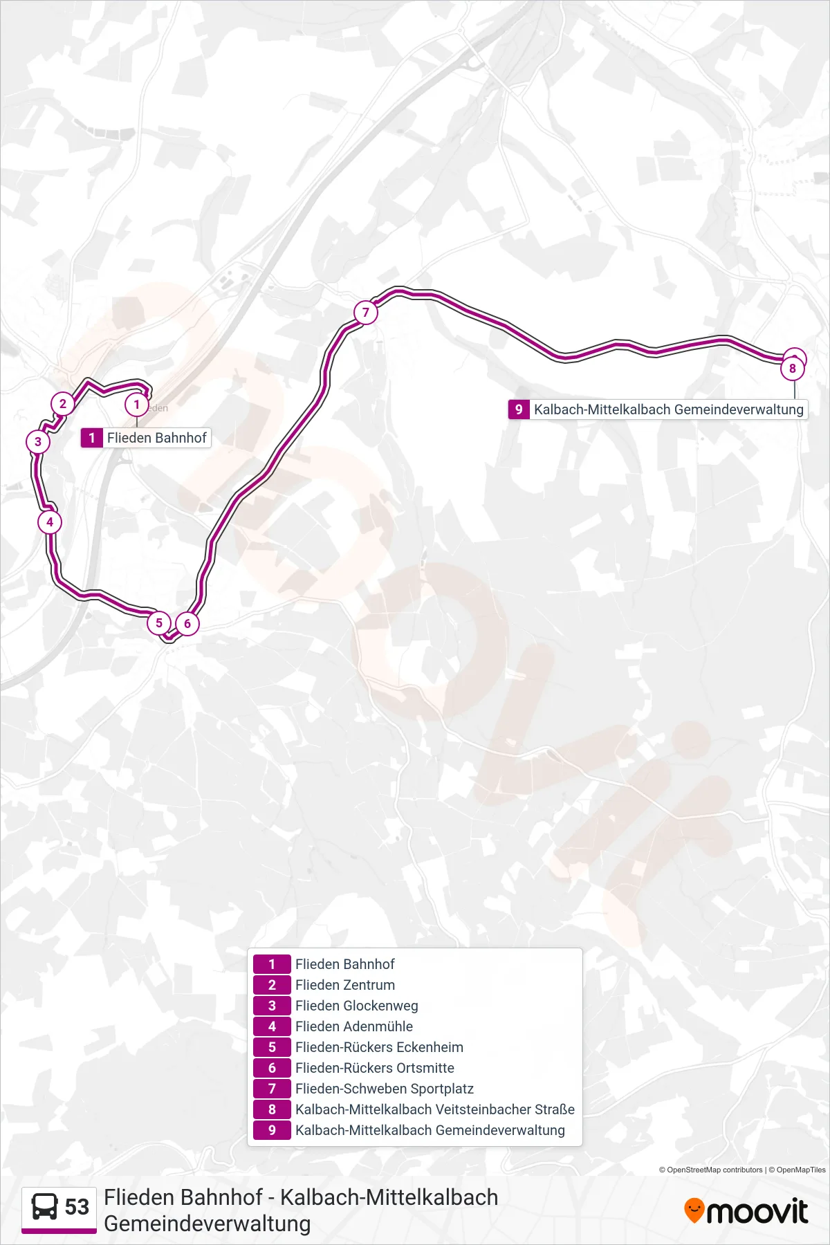 53 bus Line (Kalbach-Mittelkalbach Gemeindeverwaltung) route and stops on a map