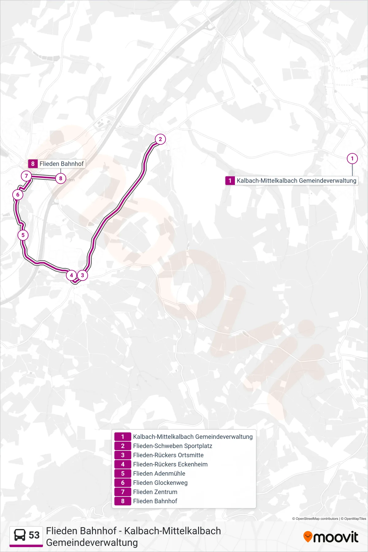 53 bus Line (Flieden Bahnhof) route and stops on a map