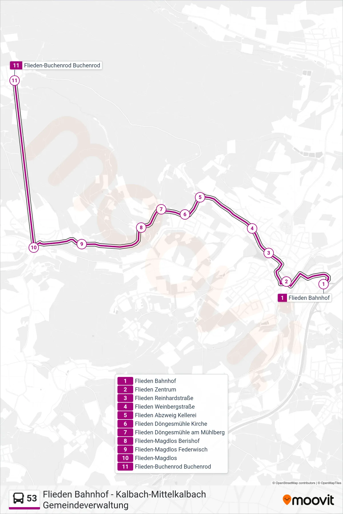 53 bus Line (Flieden-Buchenrod Buchenrod) route and stops on a map