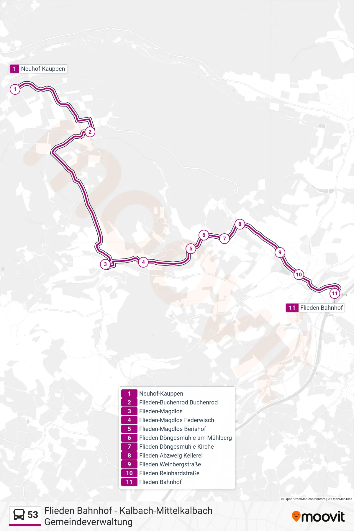 53 bus Line (Flieden Bahnhof) route and stops on a map
