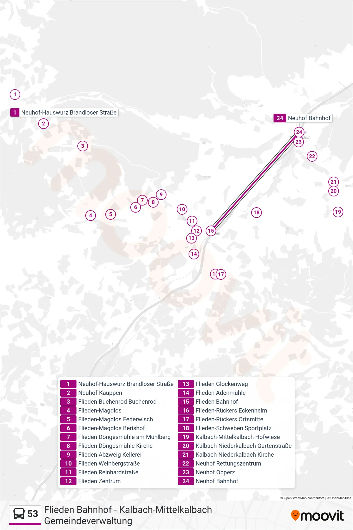 53 bus Line (Neuhof Bahnhof) route and stops on a map