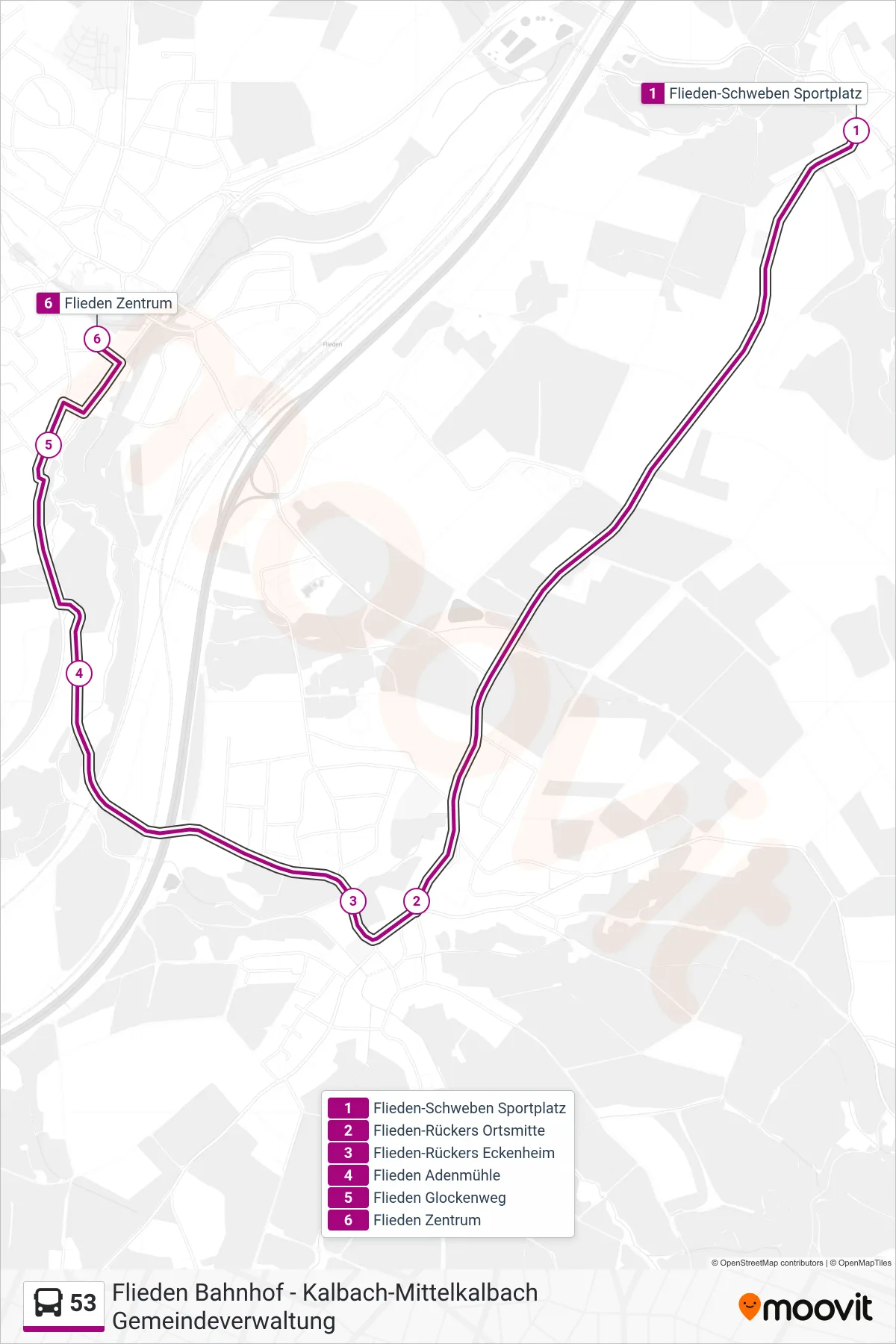 53 bus Line (Flieden Zentrum) route and stops on a map