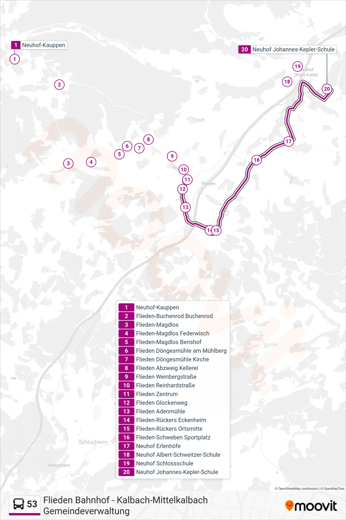 53 bus Line (Neuhof Johannes-Kepler-Schule) route and stops on a map