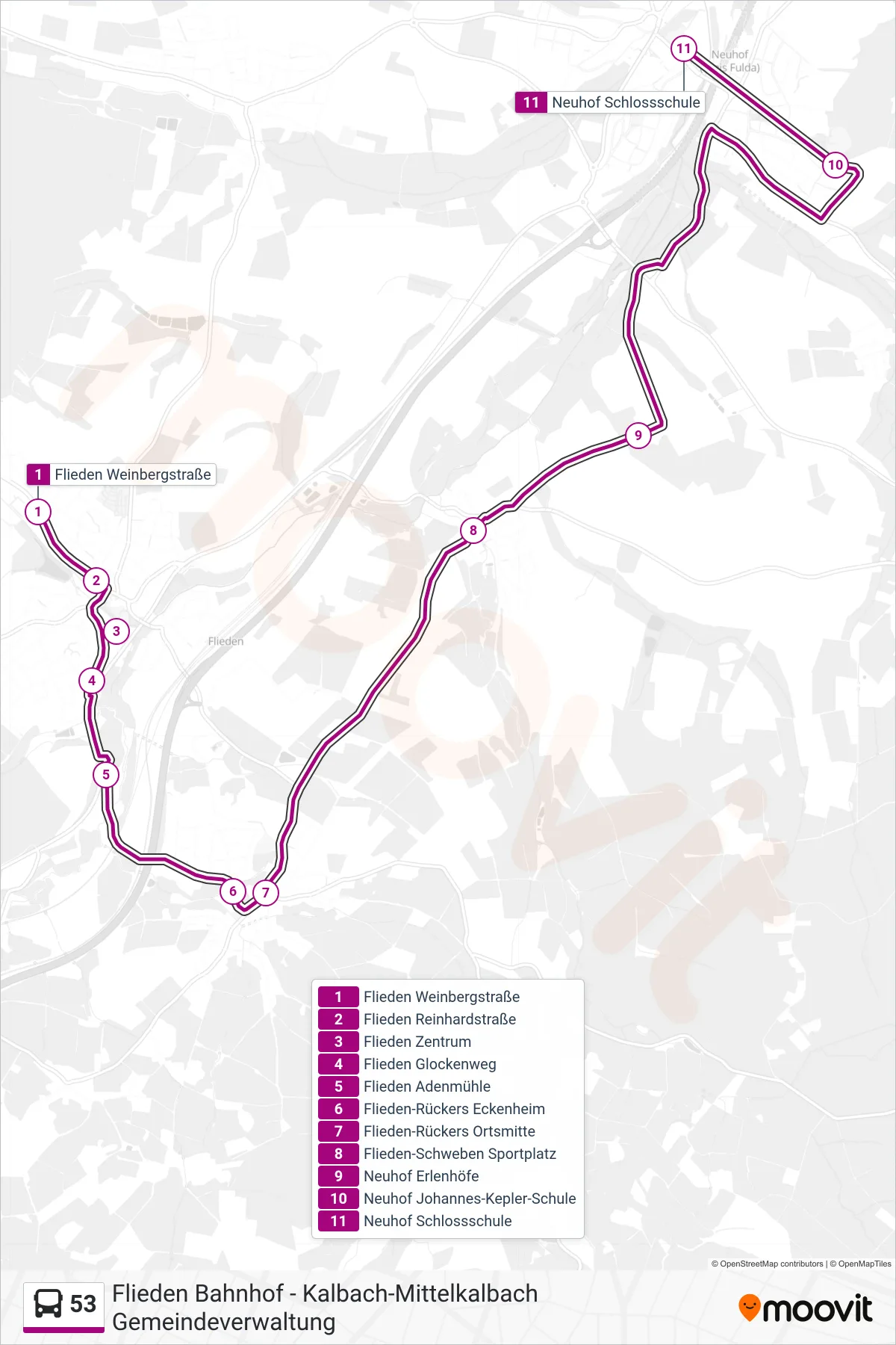 53 bus Line (Neuhof Schlossschule) route and stops on a map