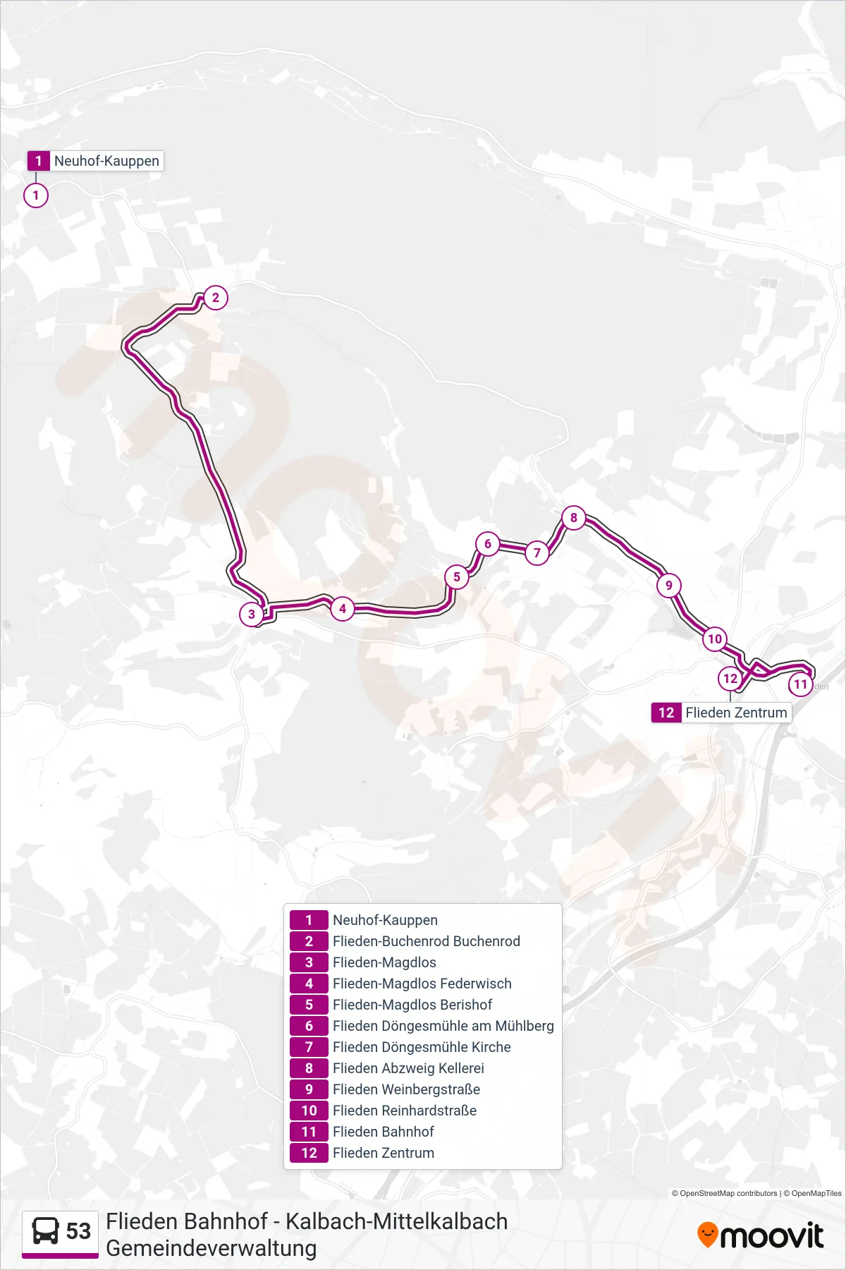 53 bus Line (Flieden Zentrum) route and stops on a map